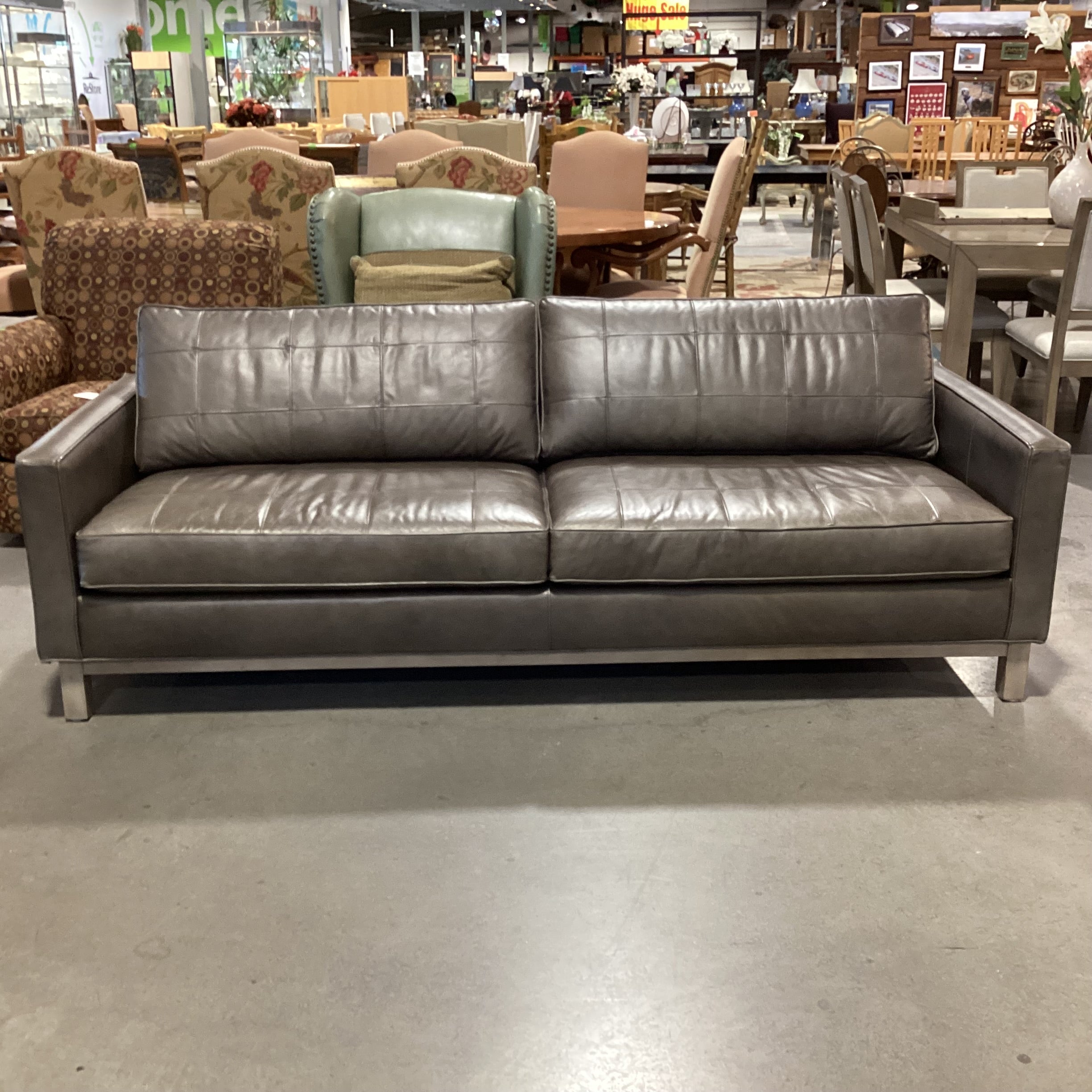 Ethan Allen Modern Grey Grid Stitched Leather Sofa 87"x 36"x 29"