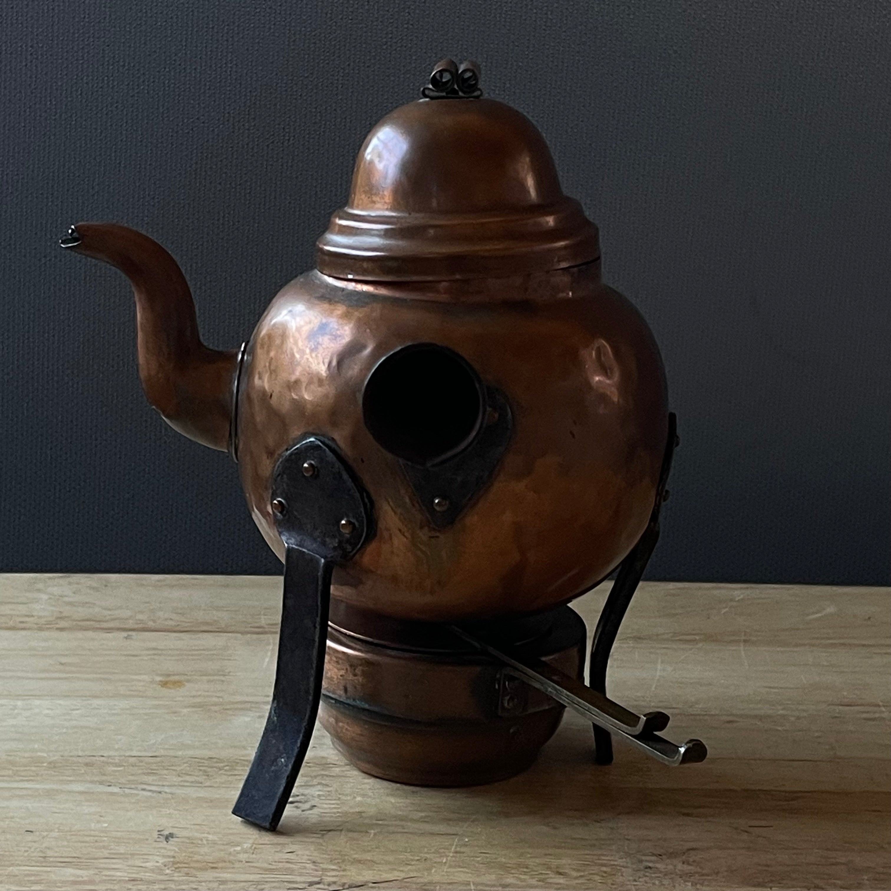 Antique Swedish Copper/Cast Iron Footed Tea Pot with Matching Copper Burner Base, 10"x 8"x 8.5"