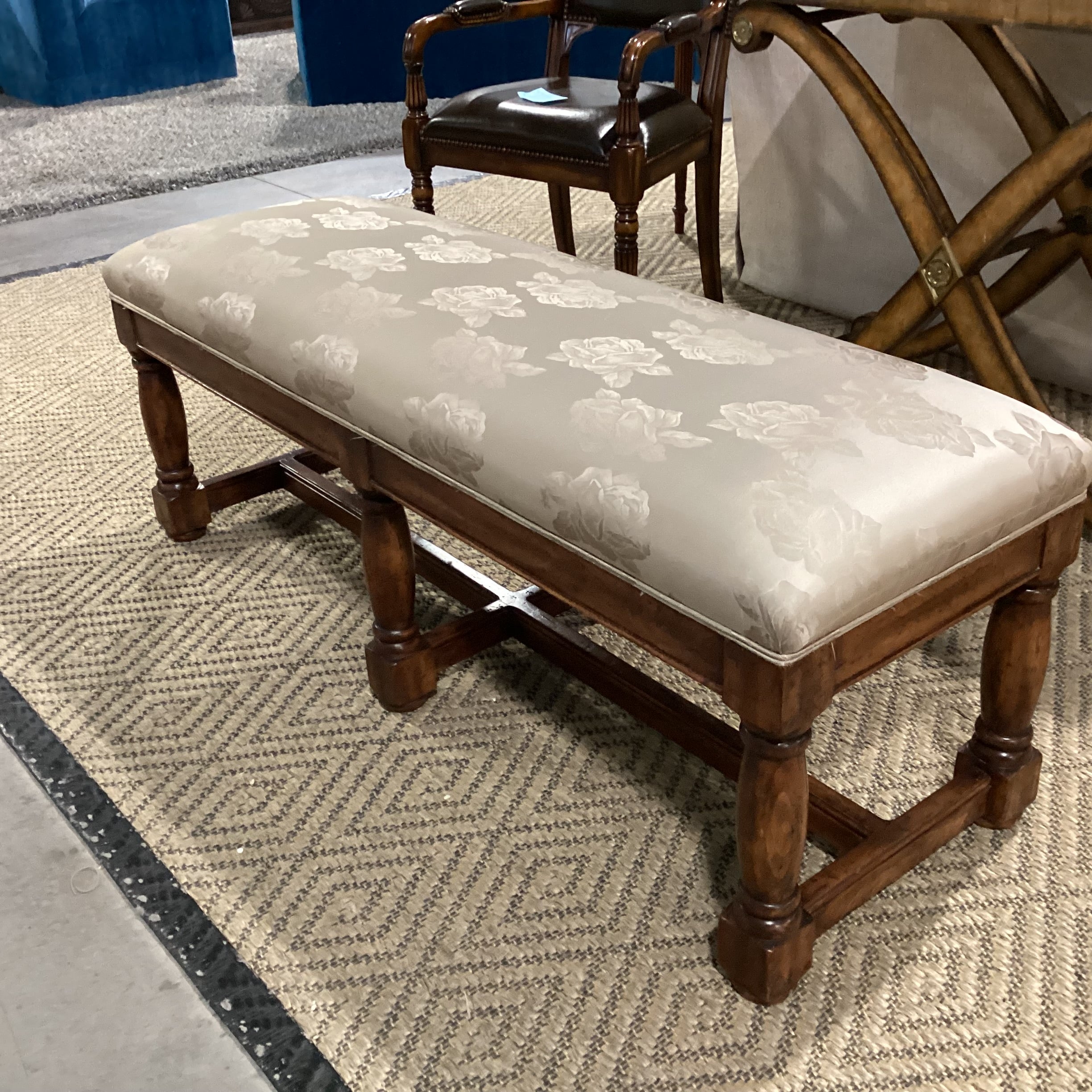 Taupe & Gold Satiny Roses & Carved Wood Bench 55"x 19"x 21"