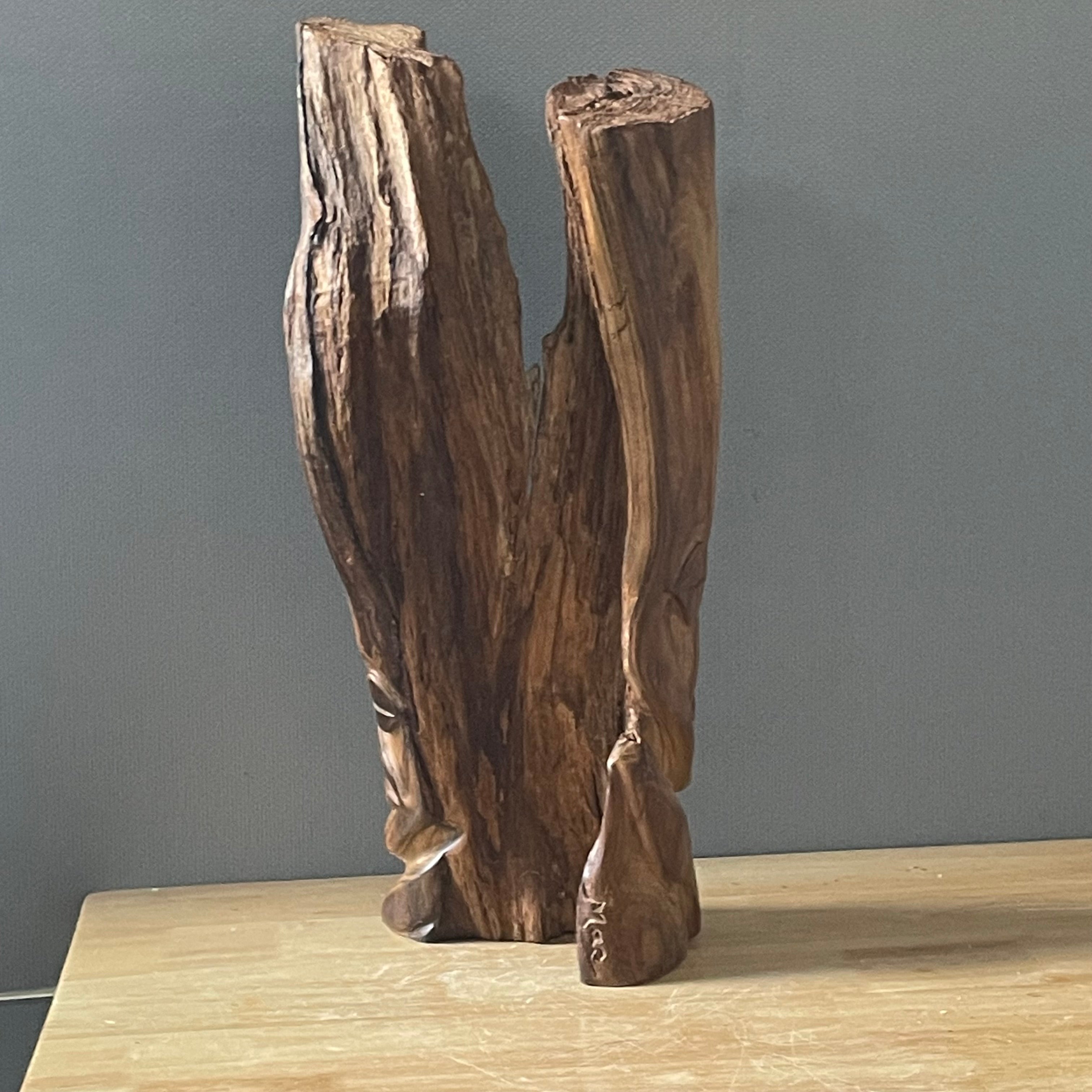 Vintage Polynesian Hand Carved Hardwood with Natural Live Edge Faces Sculpture, 8"x 6"x 17"