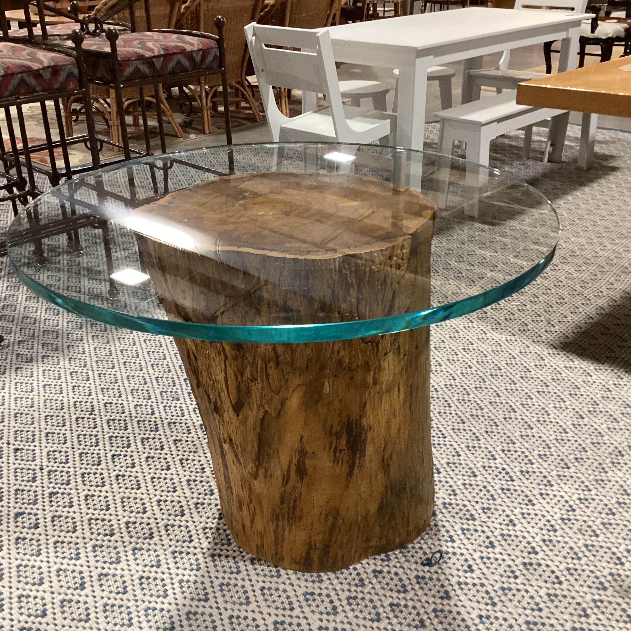 Solid Log Stump with Round Thick Glass Dining Table 38" Diameter x 29"