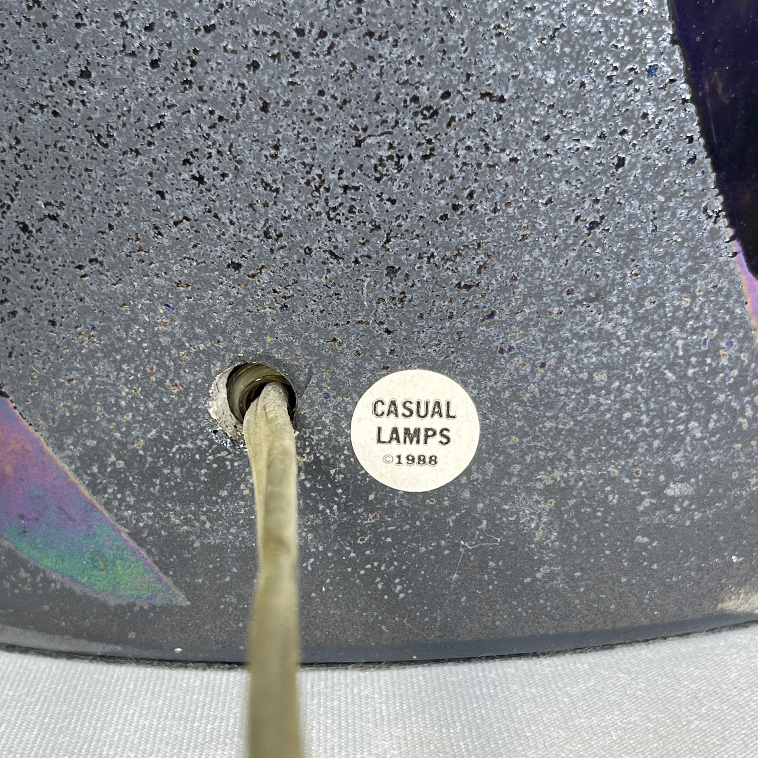 Casual Lamps 88’ Post Modern Style Iridescent and Speckled Black/Gray Geometric Pottery with Shade Table Lamp 19.5” Diameter @ Shade x 38”