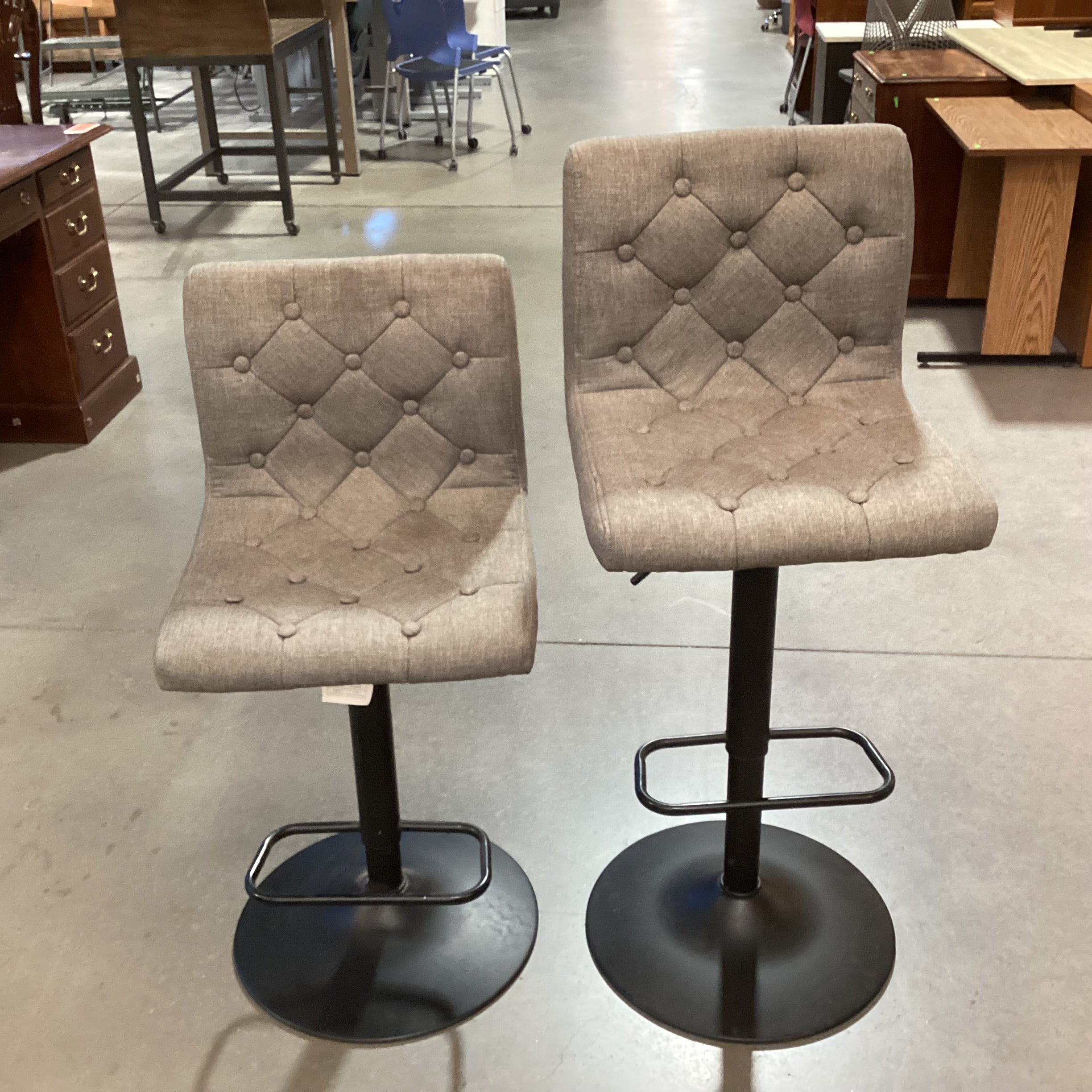 SET of 2 Worldwide Home Furnishings Grey Button Tufted Linen & Black Pedestal Adjustable Height Barstools 25" to 31"