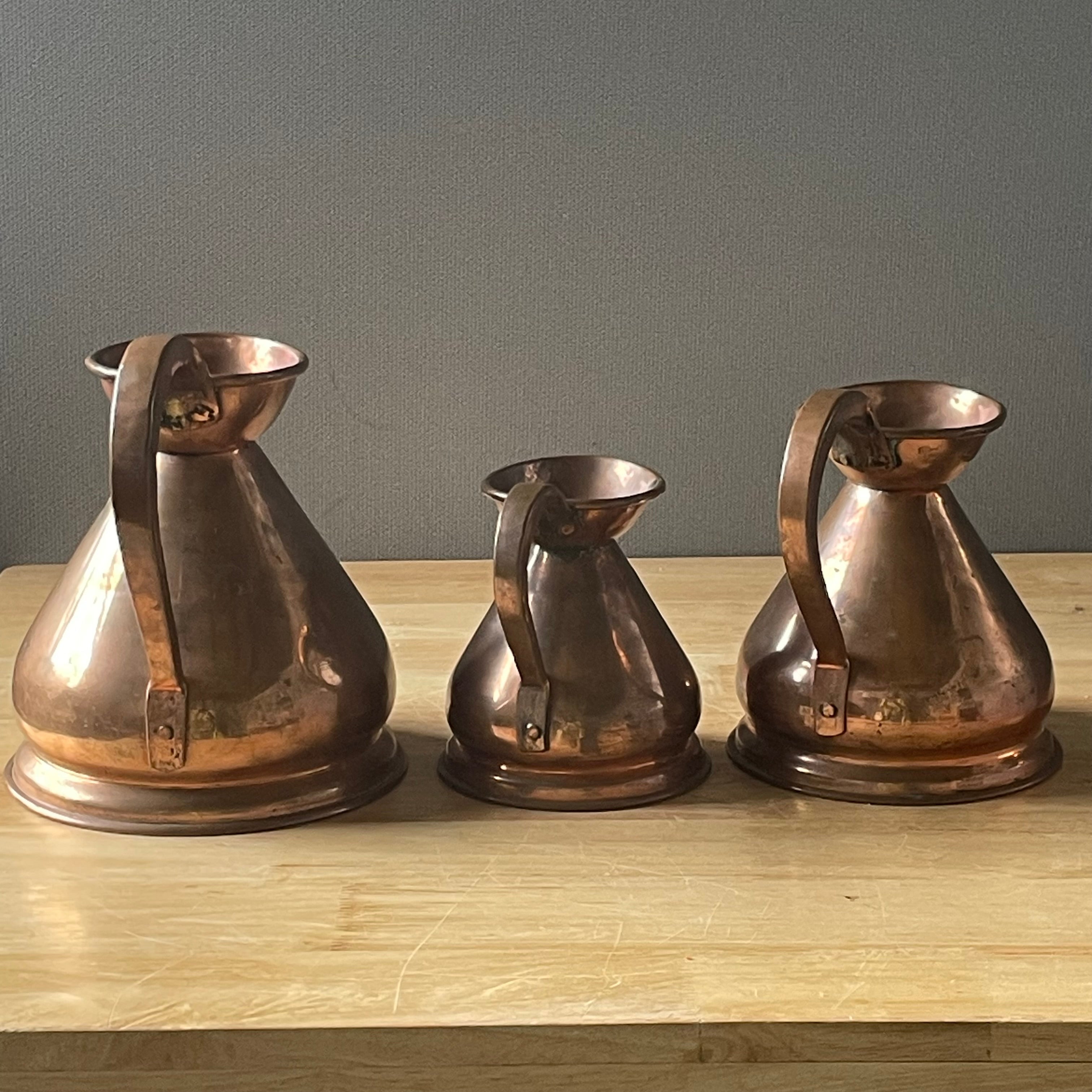 Set of 3 Antique Historical Queen Victoria (VR) Stamped Copper Haystack Measures