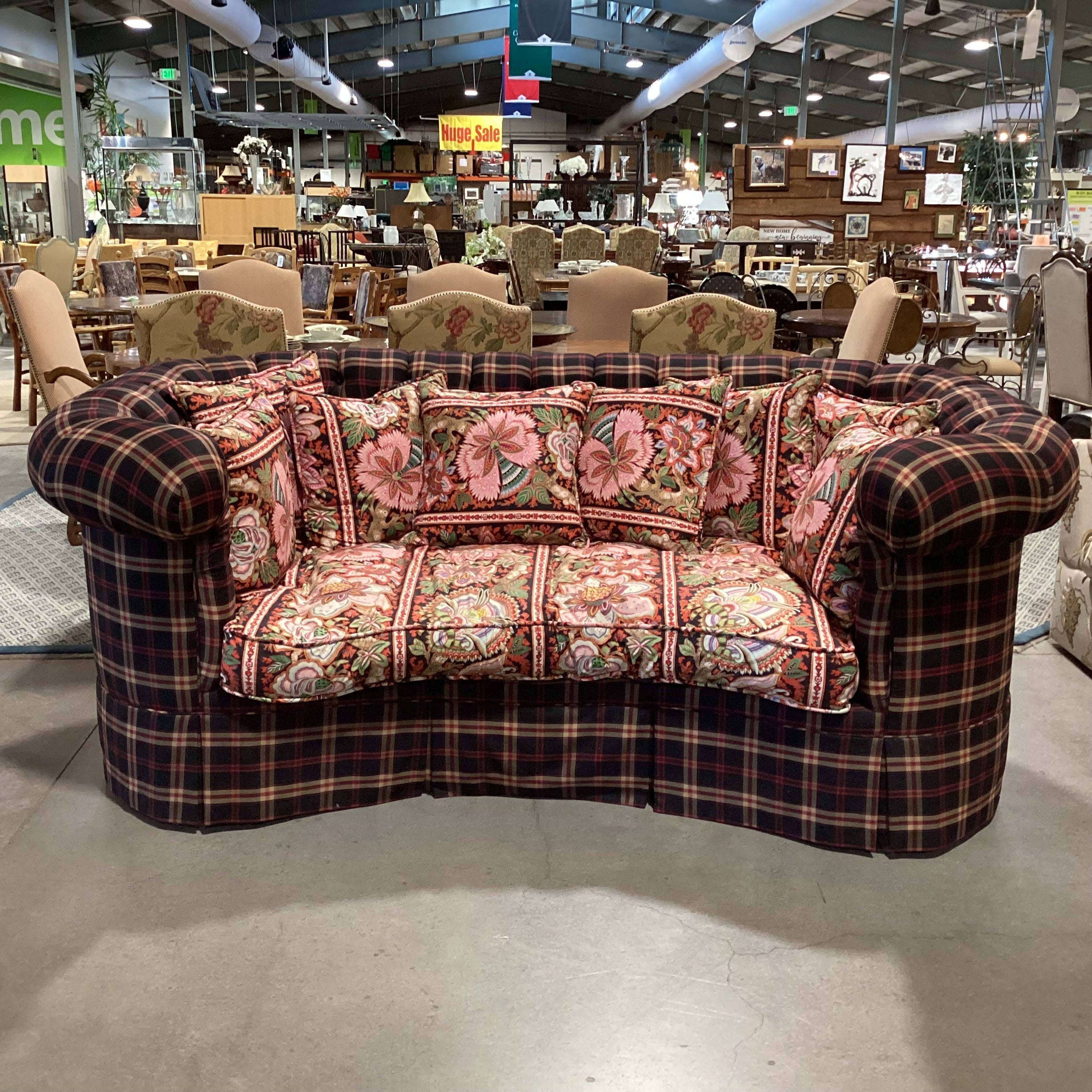 Custom Black Red Tan Plaid Button Tufted with Pink Ornate Floral Cushion & Pillows Down Mix Sofa 100"x 58"x 40"