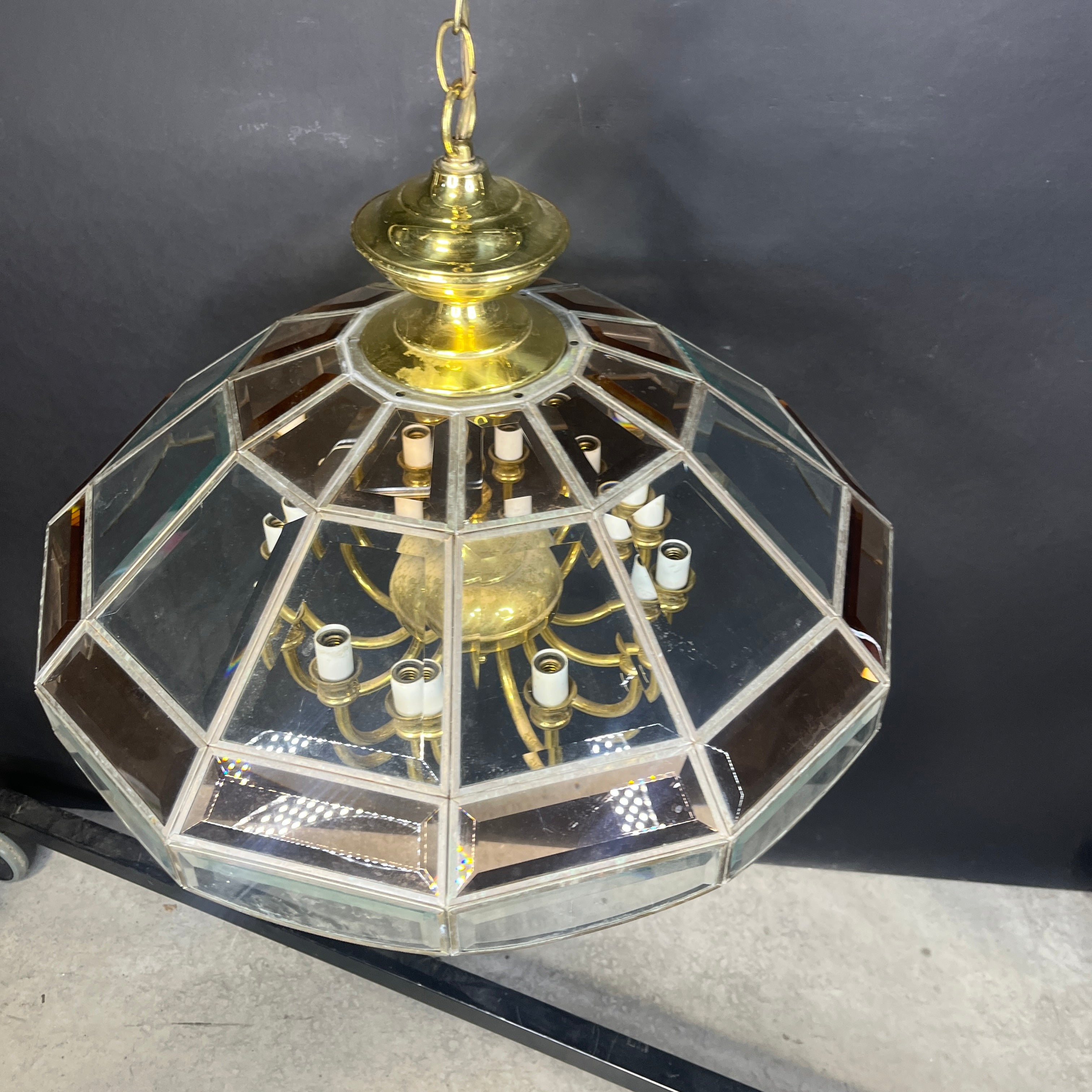 Vintage 12-Light 2-Tone Beveled Glass and Brass Ceiling Pendant 23.5” Diameter x 54”