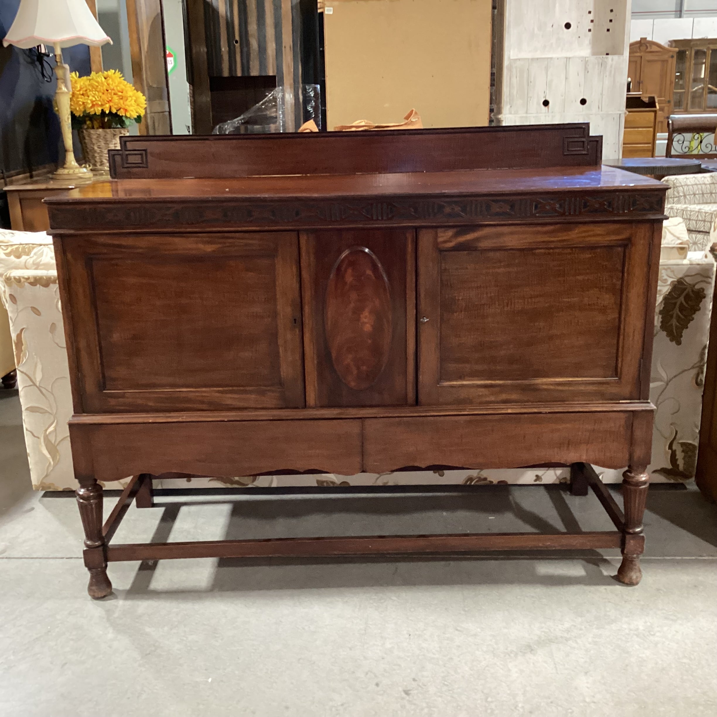 Antique Ribbon Mahogany with Ornate Molding Detail 2 Door Buffet Sideboard 53.5"x 21"x 42.5"