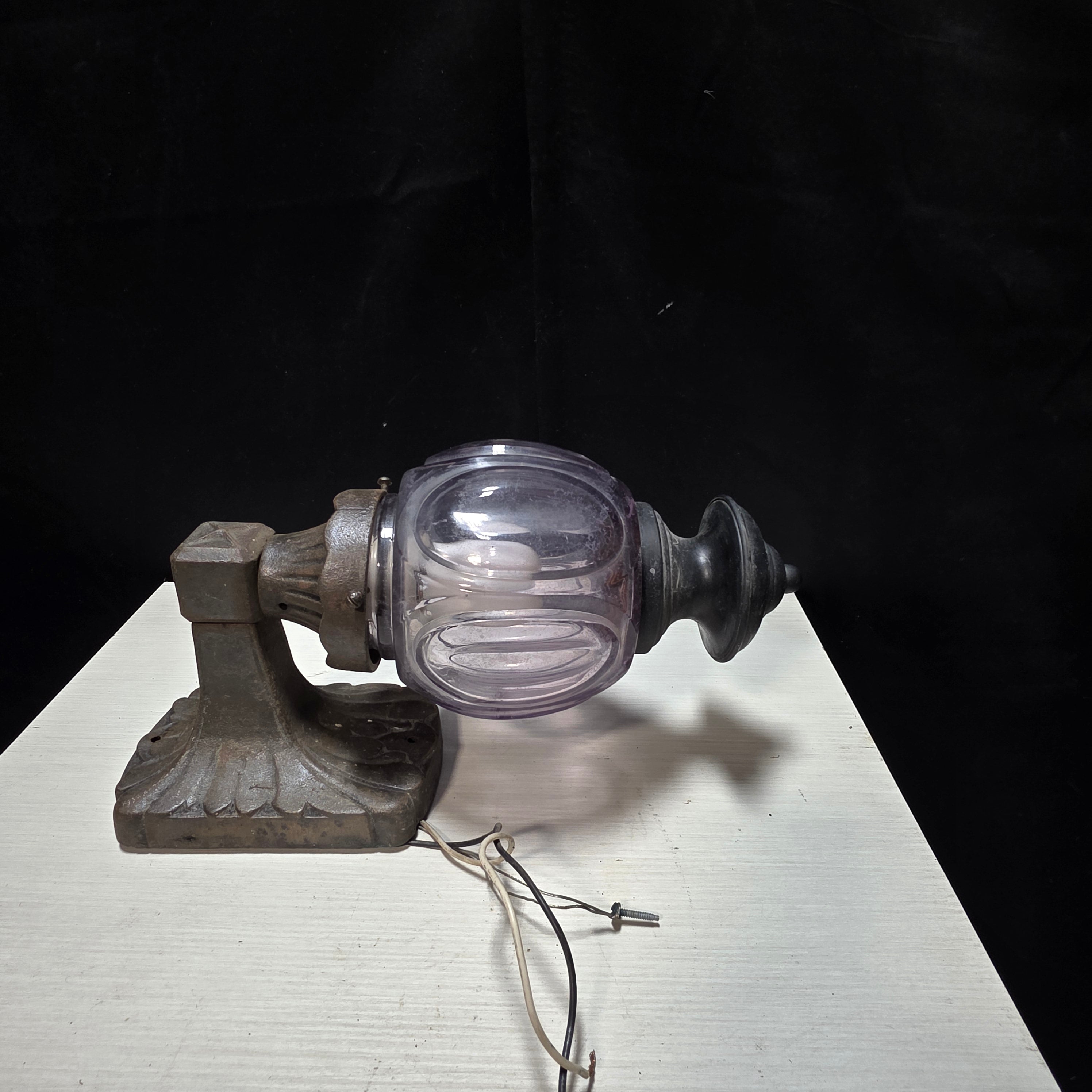 Antique Lavender Glass with Cast Iron Stand Sconce 4.5"x7.5"x15"