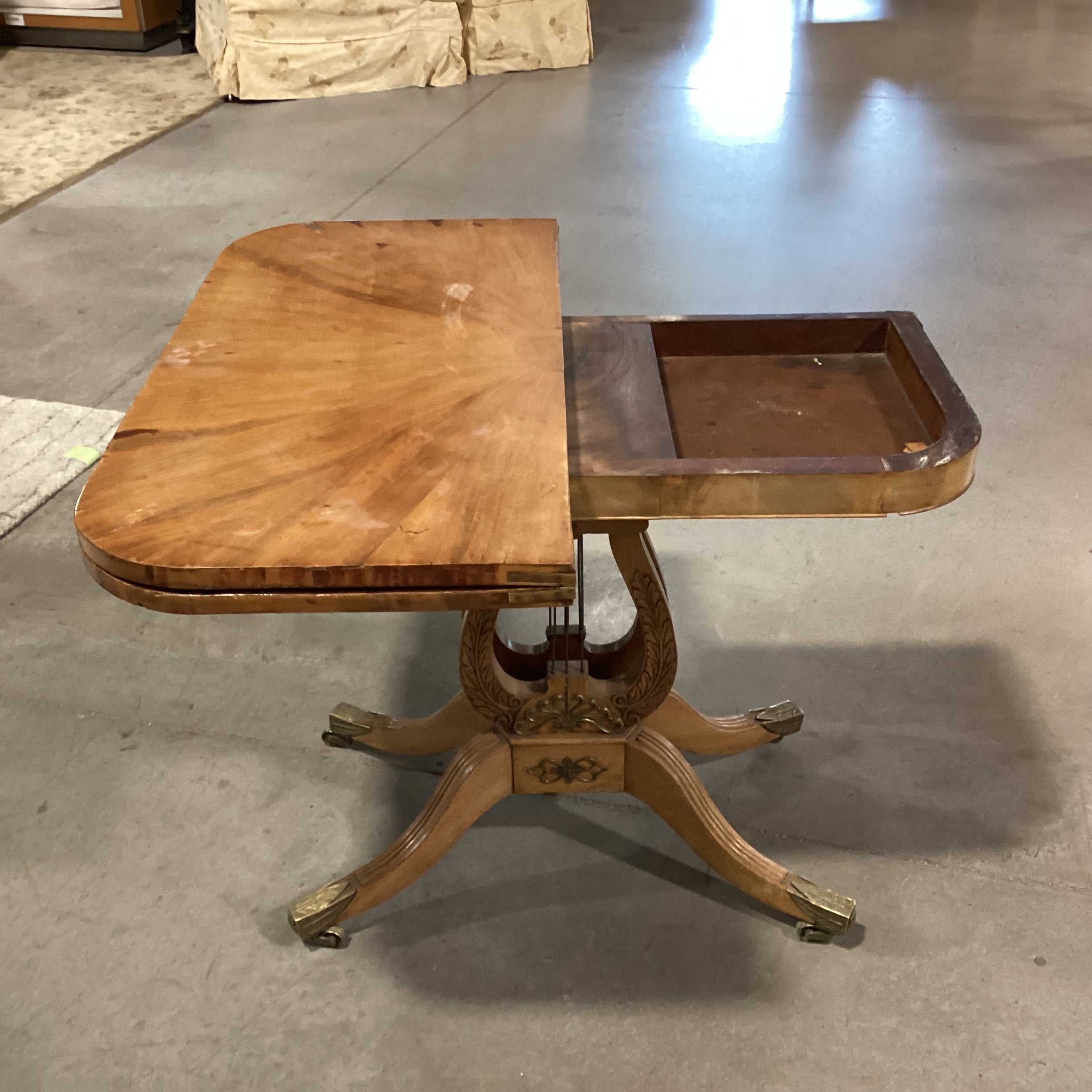 Antique Carved Wood & Veneer Twist Top to Open with Harp Pedestal & Brass Accents Accent Table 36"x 18" to 36"x 29.5"