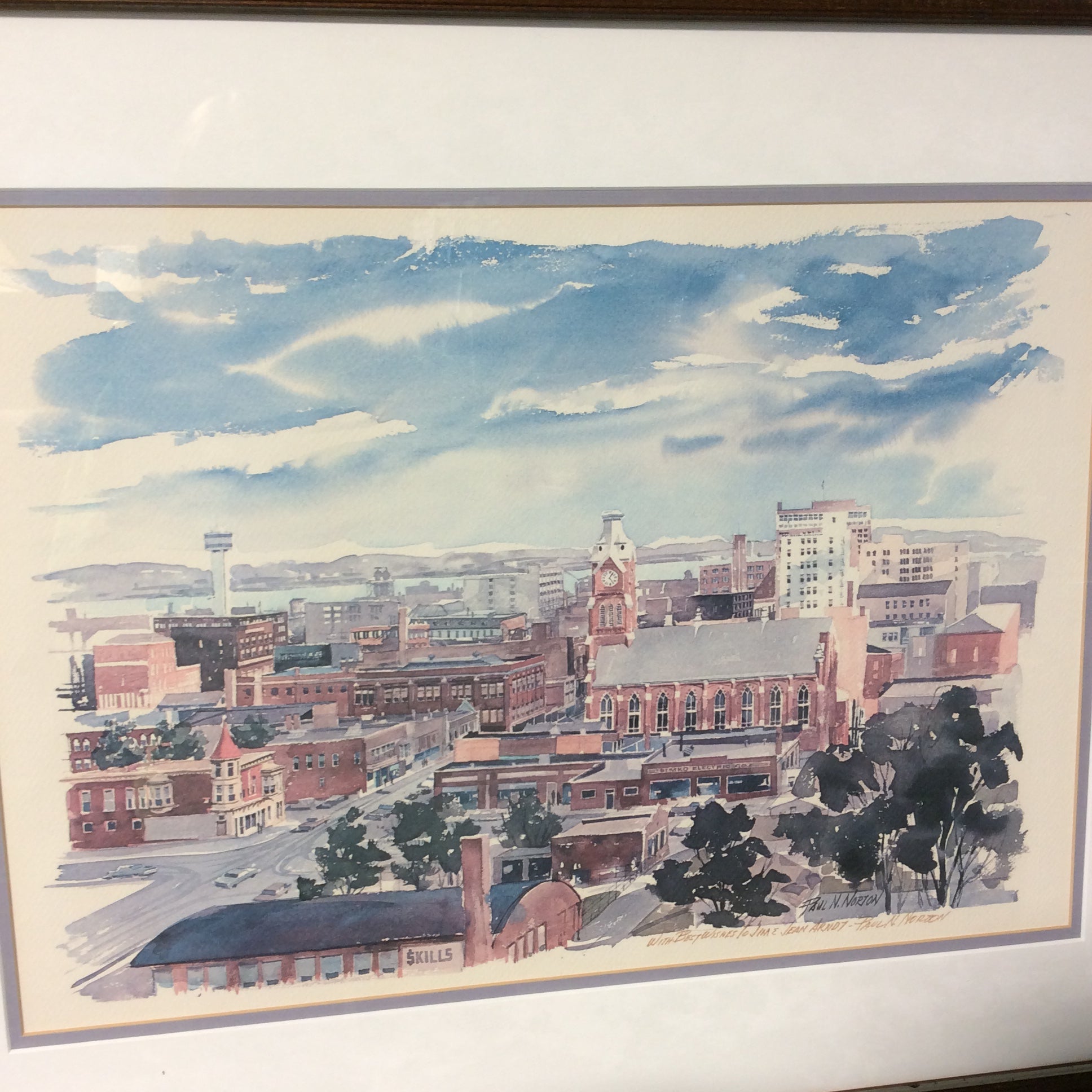 Paul N. Norton Signed Moline, Illinois Riverfront Watercolor Print In Wood Frame 29" x 23"