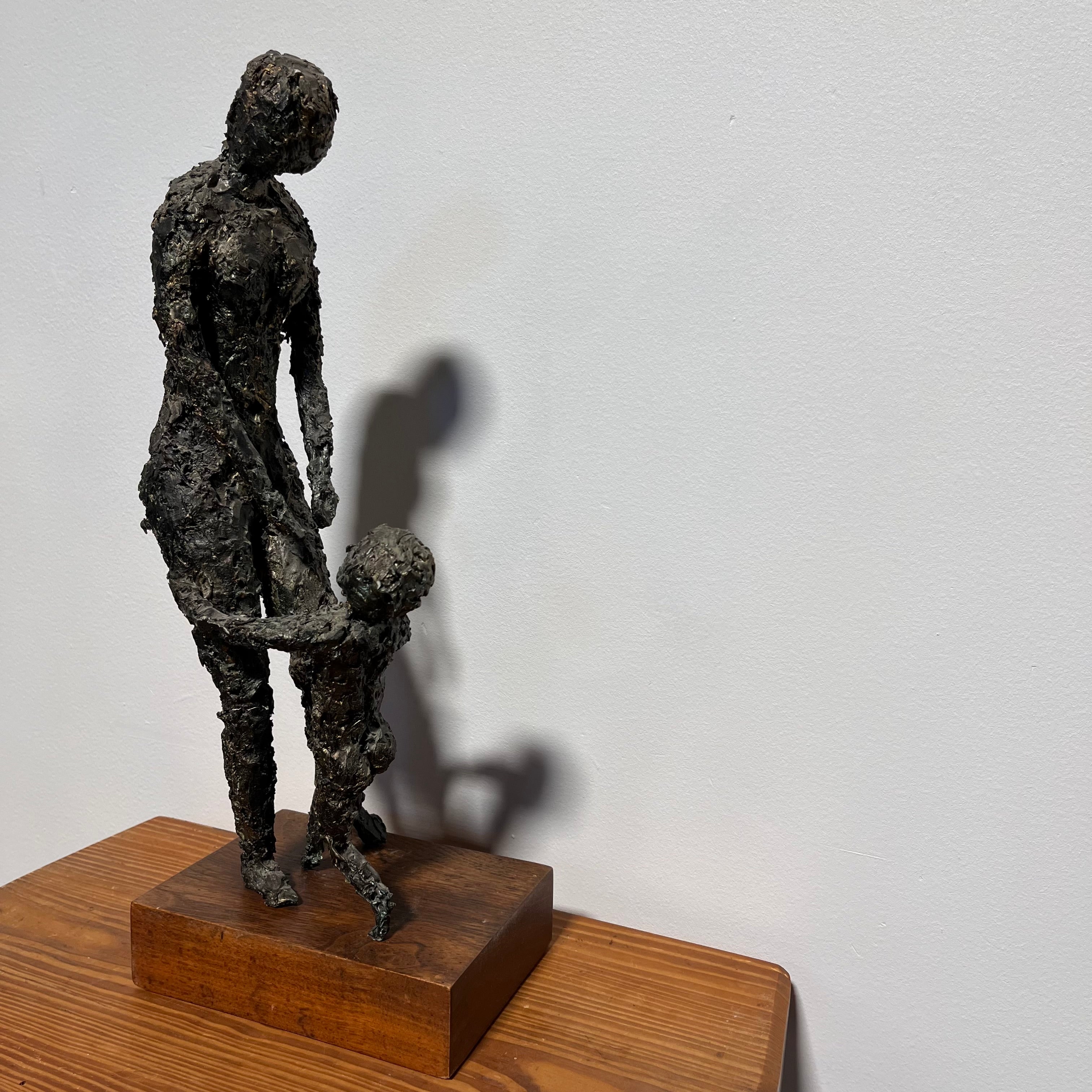 J. Hurley 1966 Mid-century Giacometti Style Mother and Child Sculpture; 8"x 17"x 5.5"