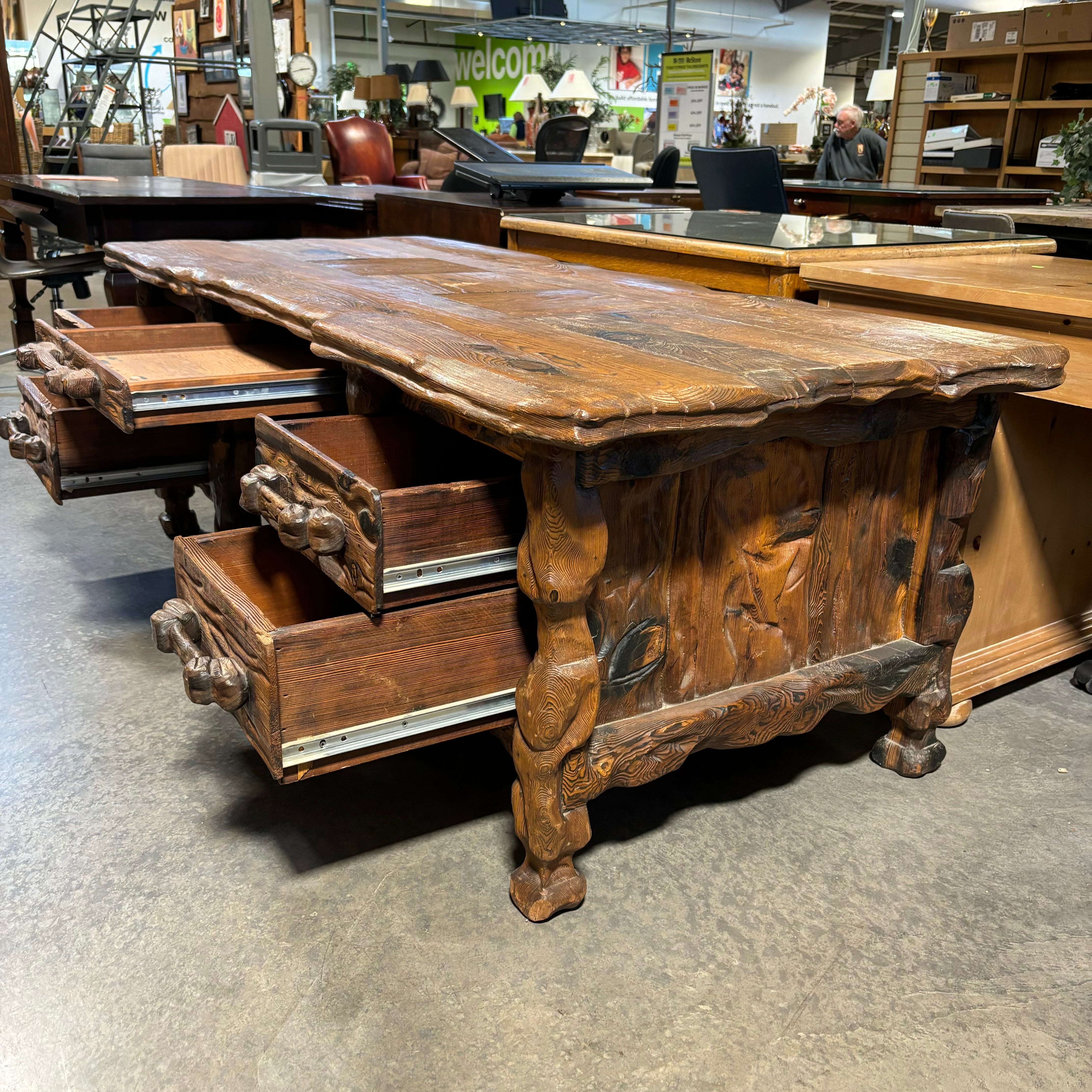 Natural Log Style with Carved Detail 5 Drawer Desk 78"x 35"x 27"