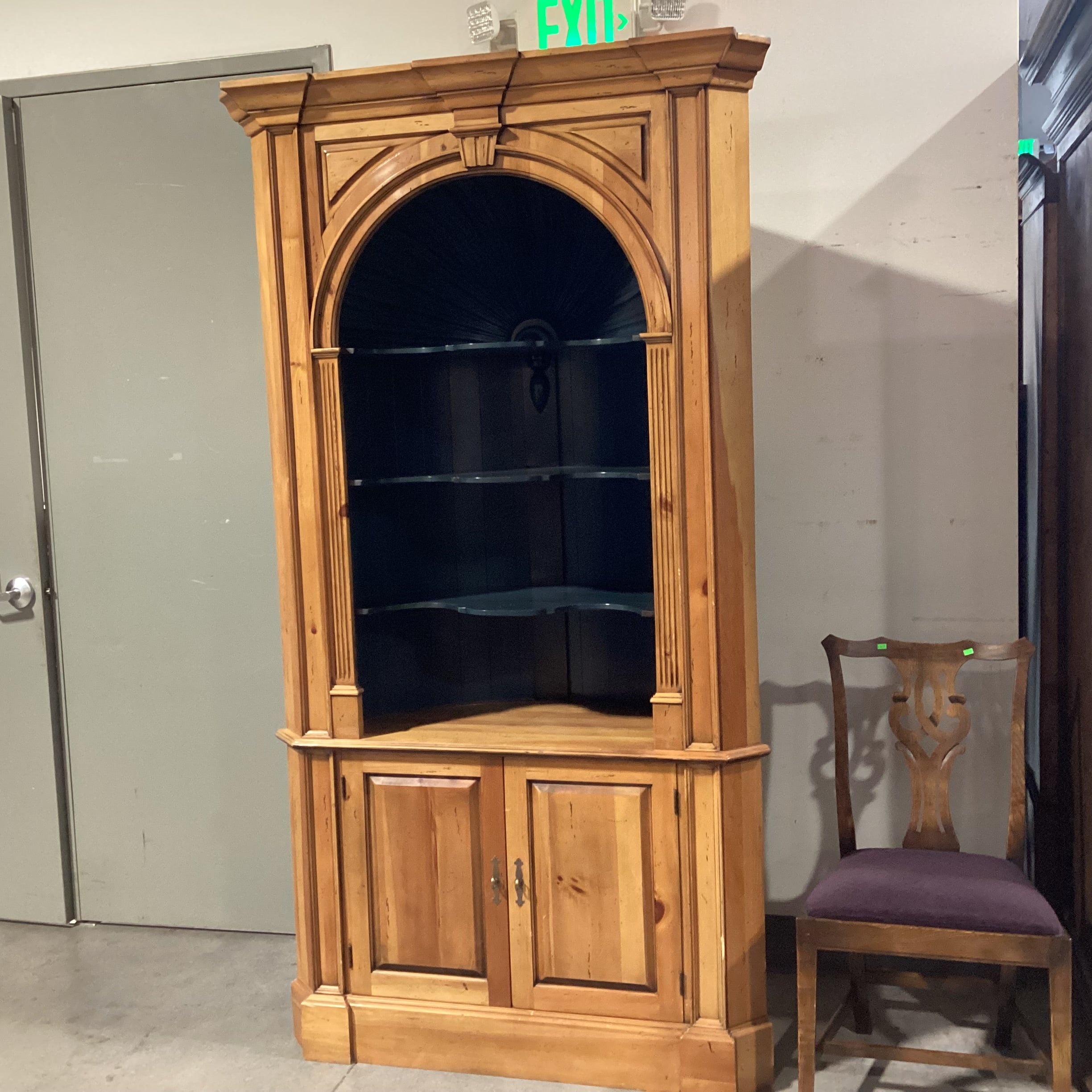 2 Tone Distressed Natural & Teal with Carved Arch Shelves 2 Door Corner Display Armoire 48"x 30"x 88"