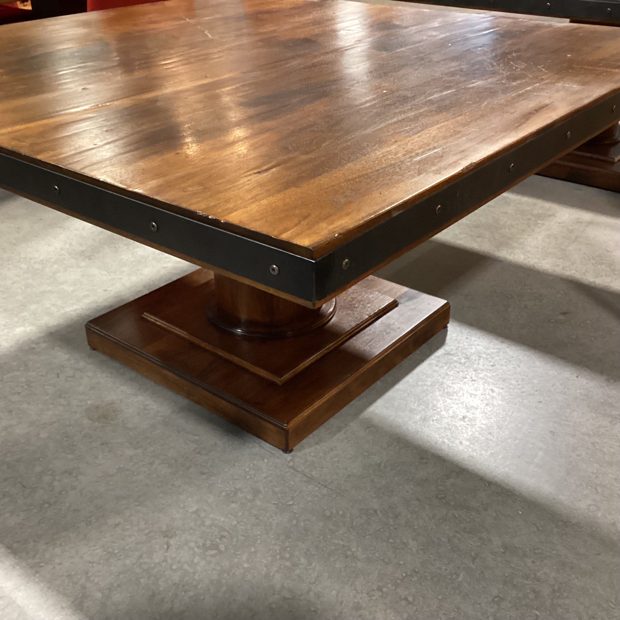 Custom Square Walnut with Pedestal & Iron Nailhead Edge Detail Dining Table 60"x 60"x 30.5"