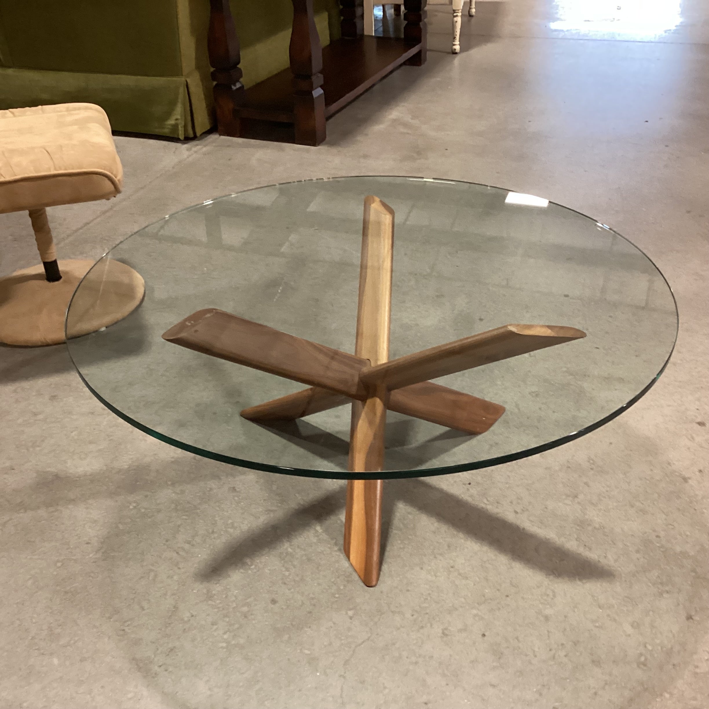Mid Century Modern Style Walnut with Round Glass Coffee Table 36" Diameter x 15"