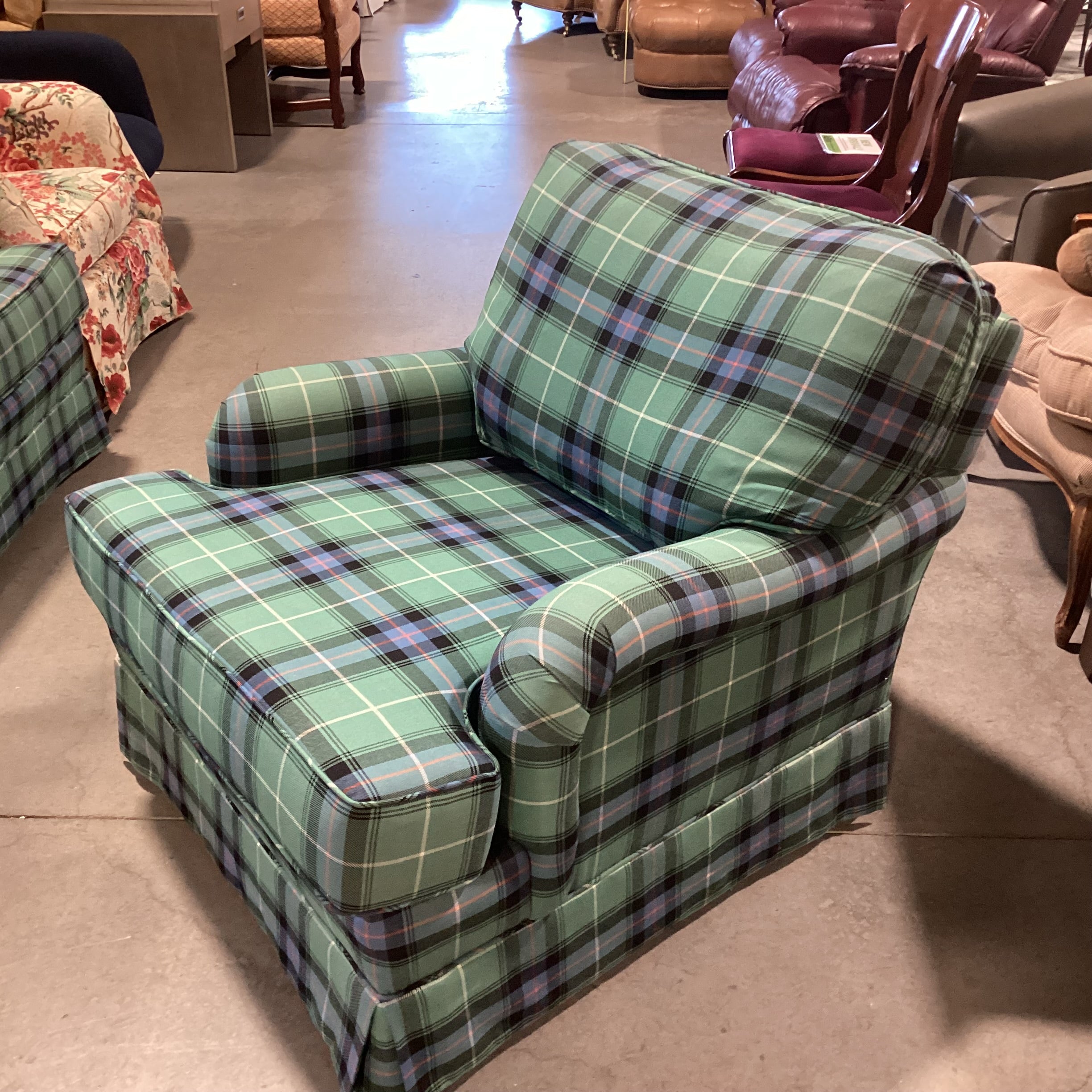 Marabella Designs Blue Green Plaid Down Mix Chair 34"x 38"x 28"