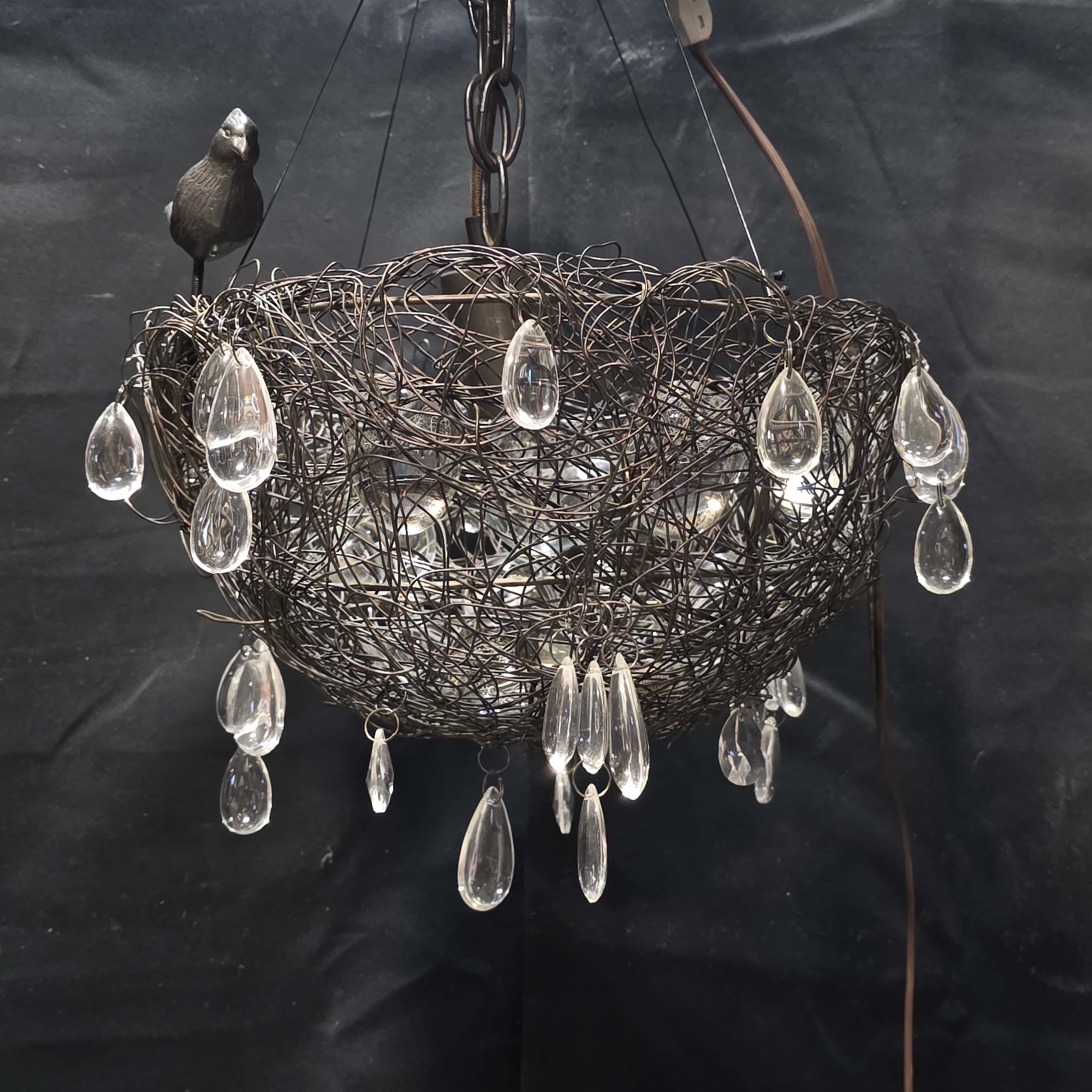 Cardinal Bird's Nest Chandelier with Glass Eggs and Glass Droplets 13"Dx8"