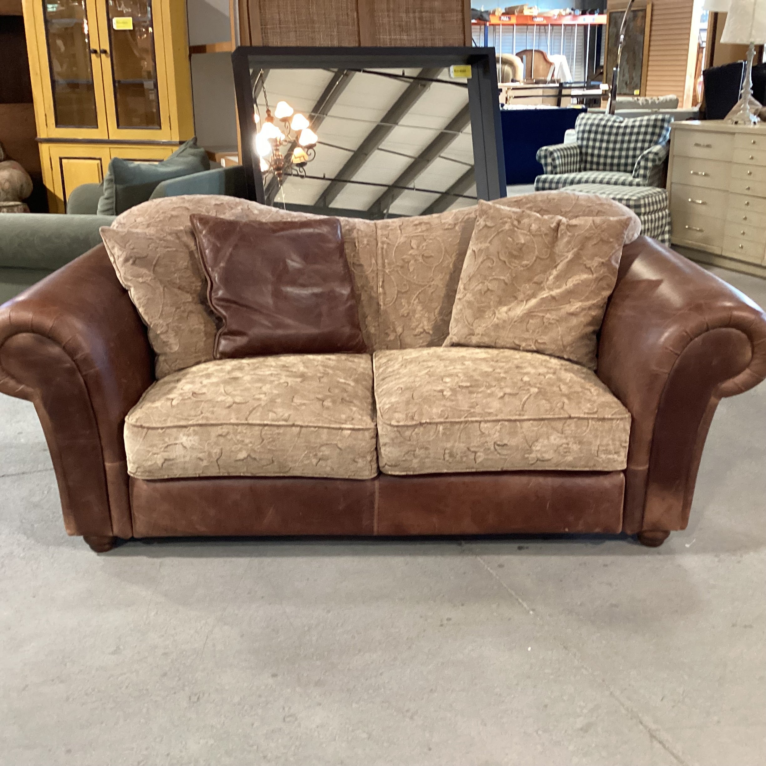 Tan Leaf Vine Design Upholstery & Leather Love Seat Sofa 74"x 37"x 32"