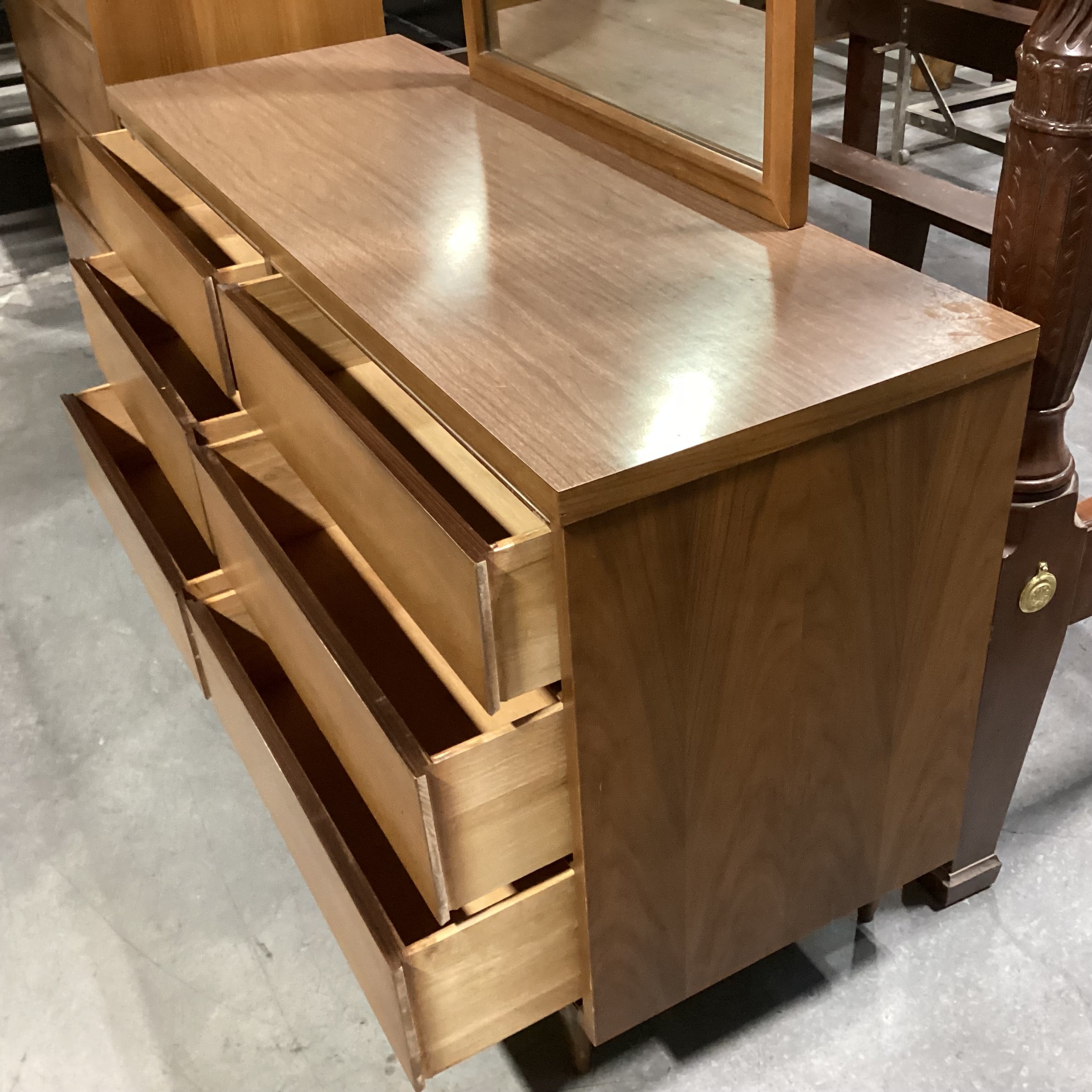 Mid Century Walnut & Veneer 6 Drawer with Mirror Dresser 52"x 18"x 72"
