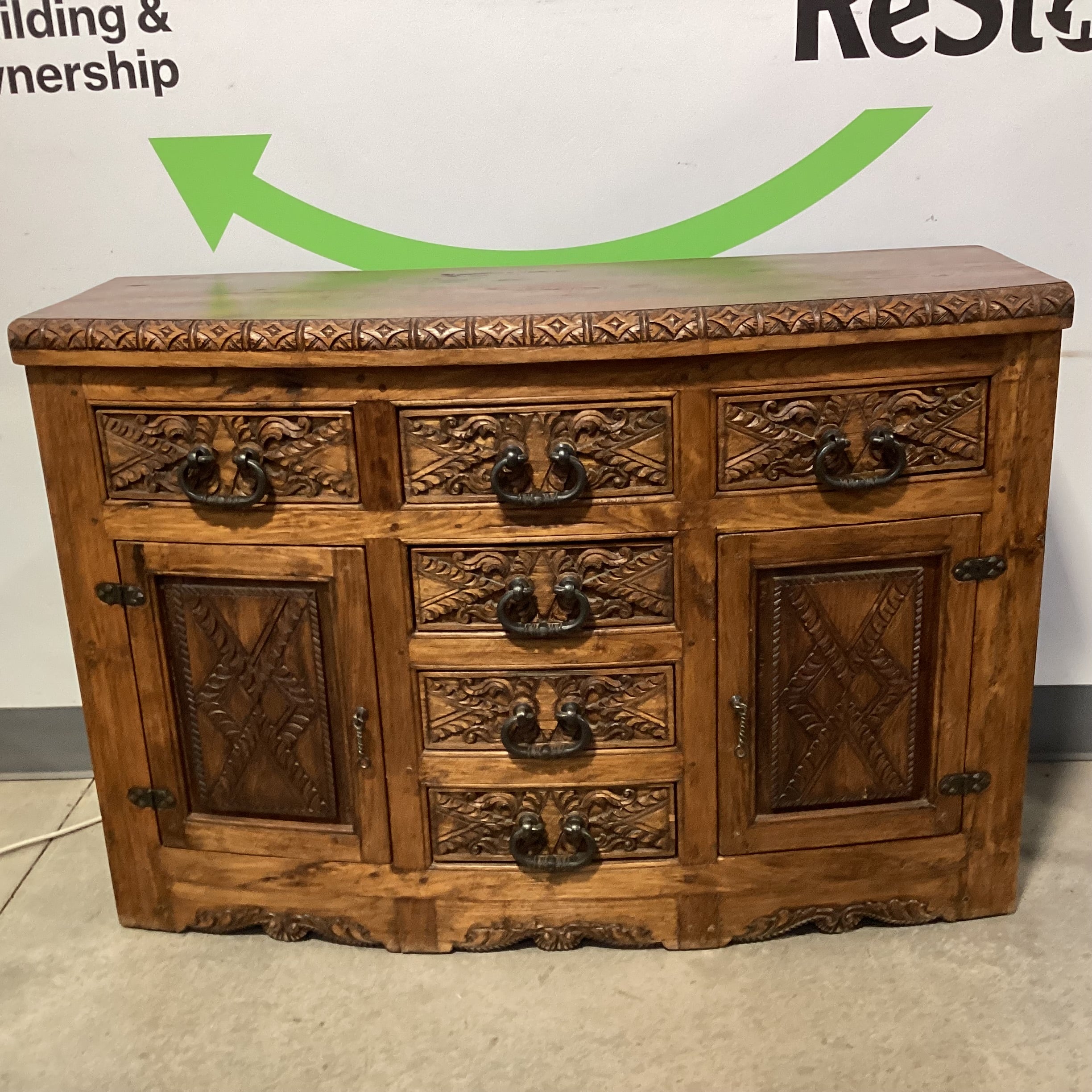 Jason Scott Collection Custom Carved Round Nose 6 Drawer 2 Door Western Style Buffet Sideboard 58"x 22"x 40.5"