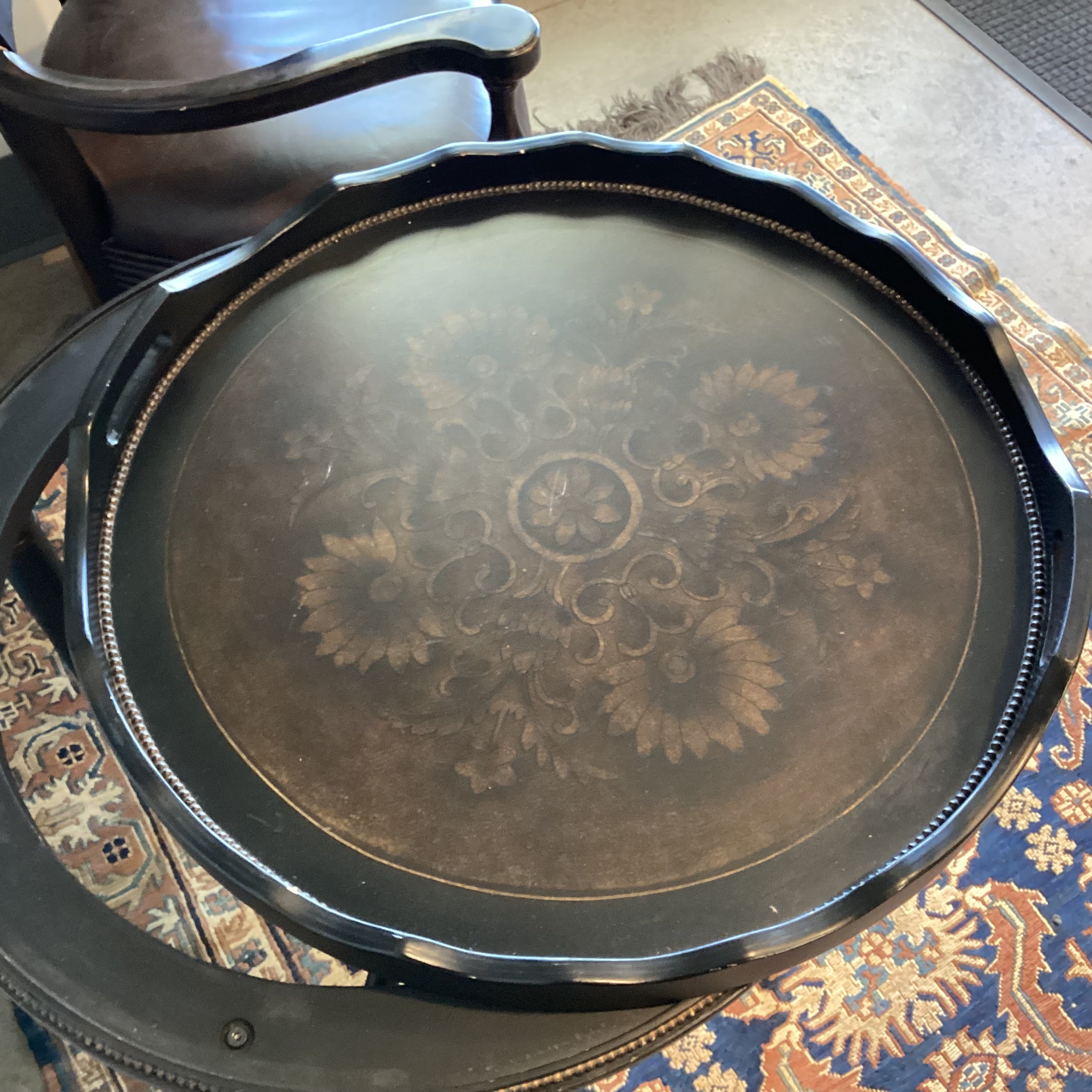 Black Distressed Wood with Ornate Trestle & Metal Beading Detail Round Tray Top Accent Table 26" Diameter x 26.5"