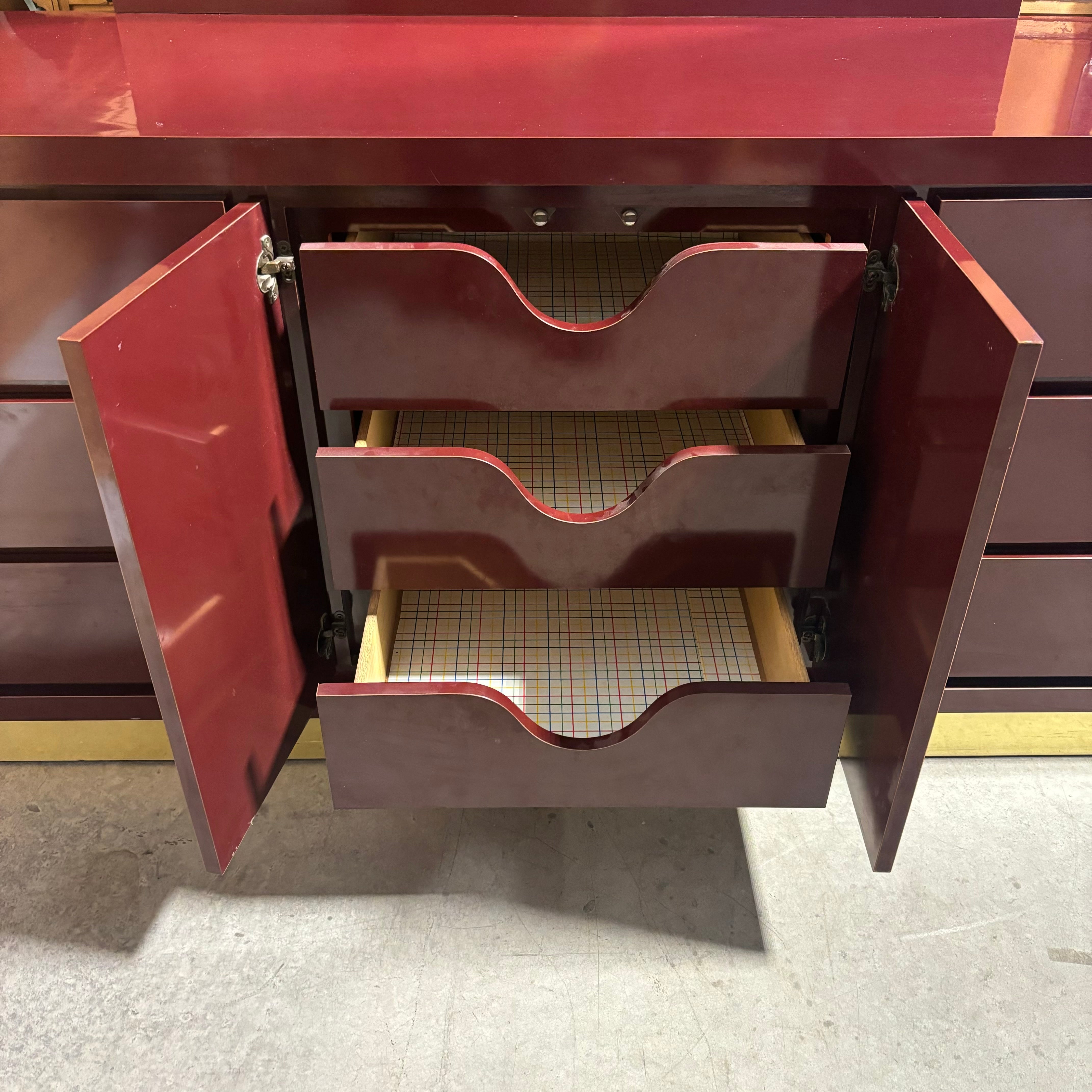 Maroon Lacquer Finish & Brass Finish Base 6 Drawer 2 Door with Mirror Dresser 71"x 20"x 76"