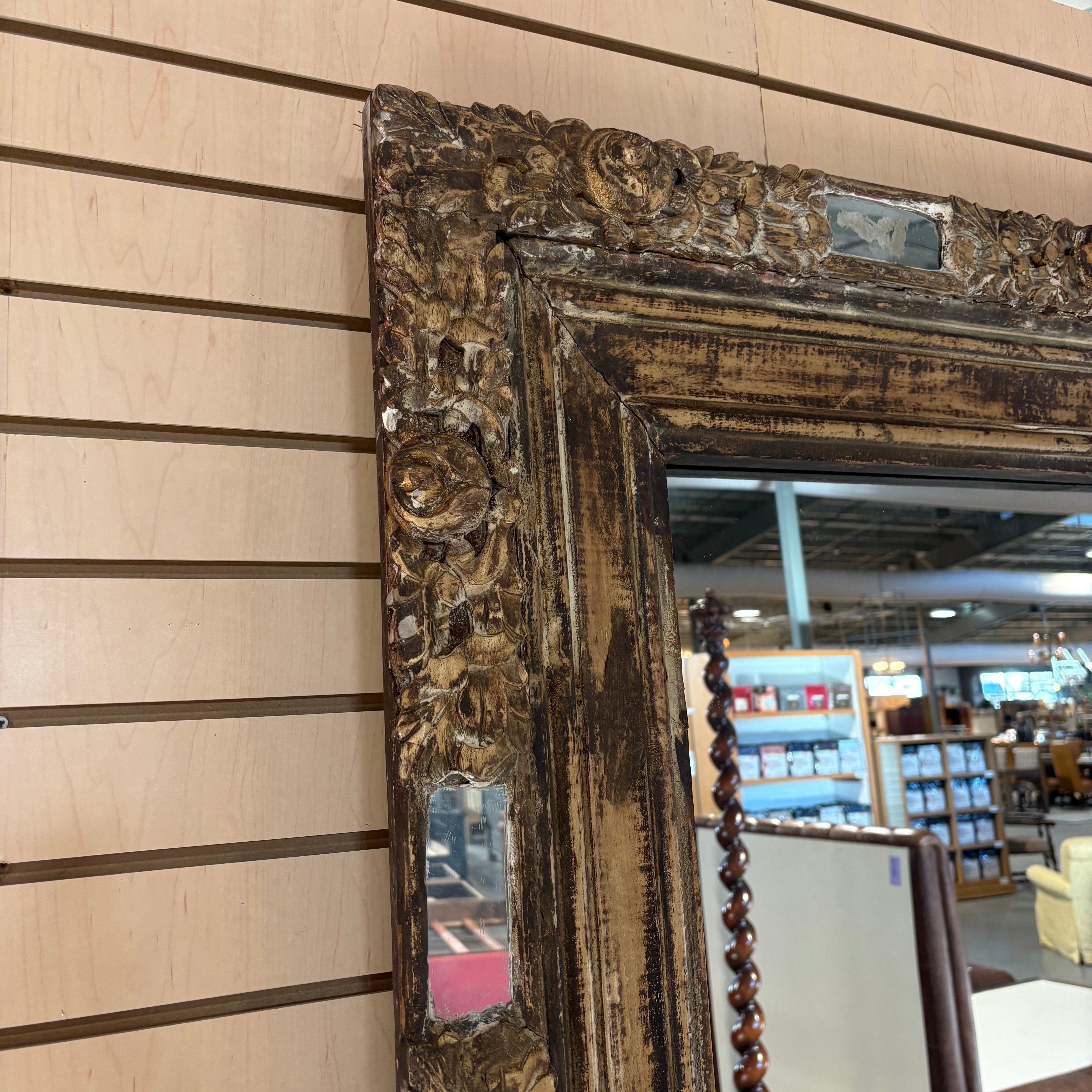 Antique Ornate Floral Carved Wood with Mirrored Accent Frame Wall Hanging Mirror 60” x 84”