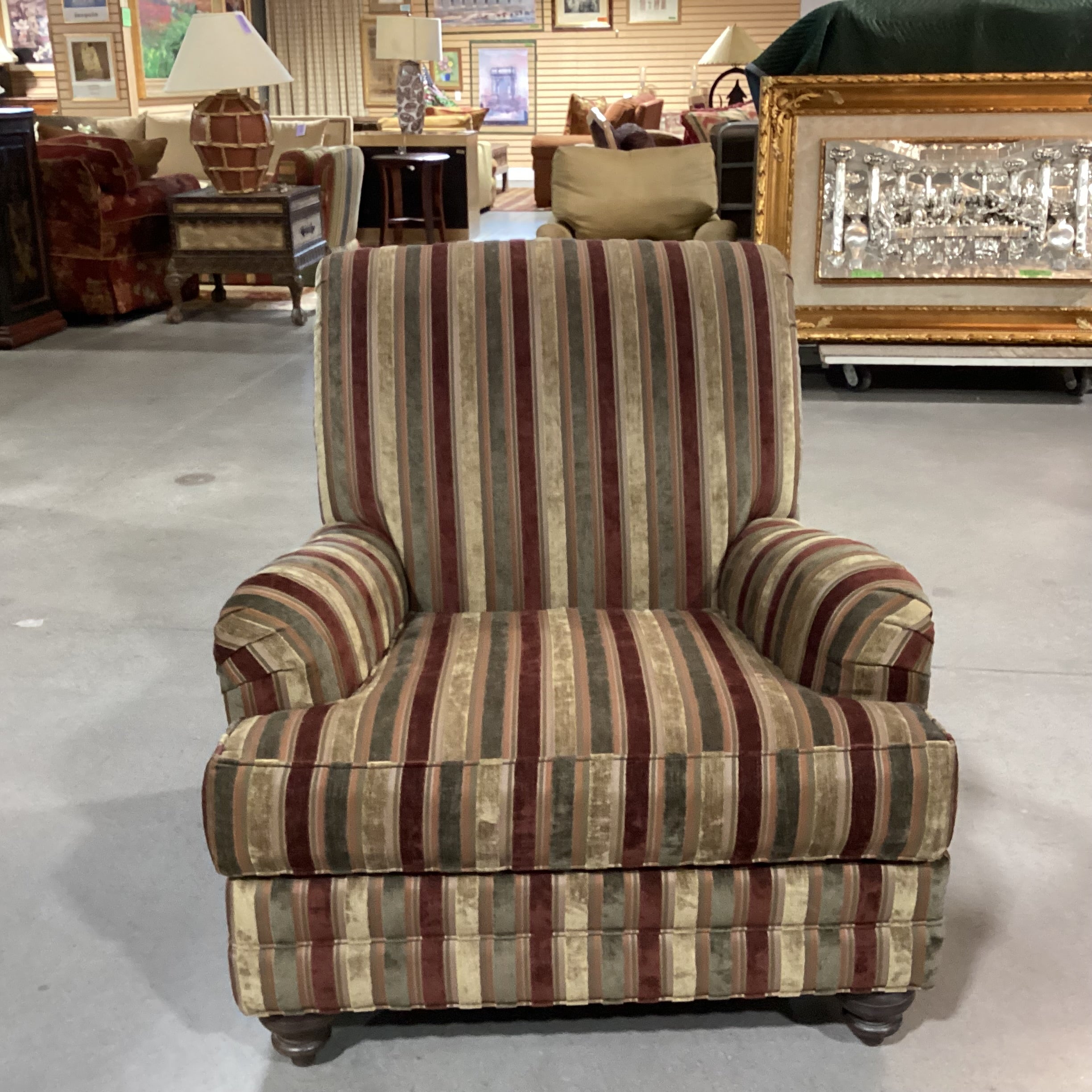 Ethan Allen Gold Rust Olive Upholstered Striped Arm Chair 34"x 35.5"x 36"