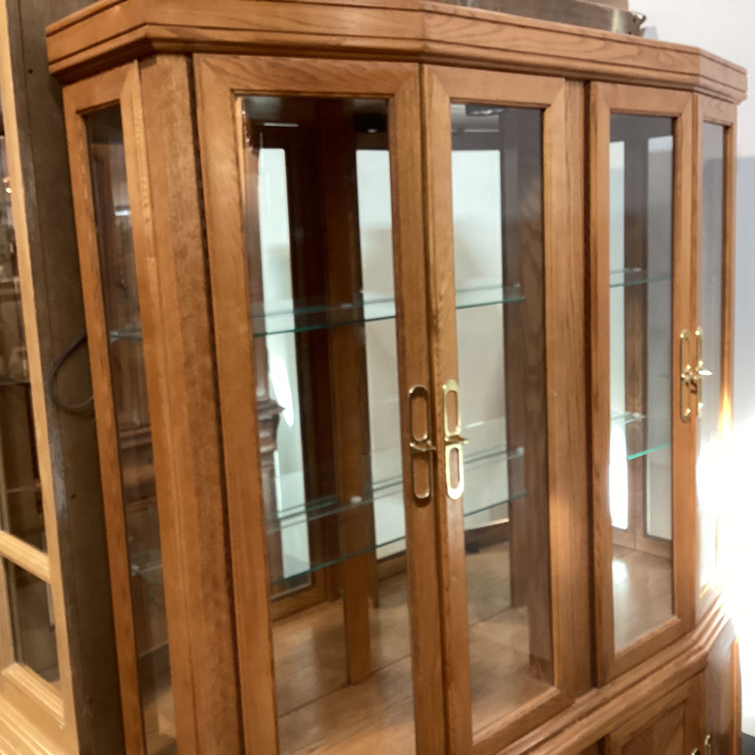 Oak Veneer Wood & Glass 8 Door & Shelves 2 Piece China Hutch 64"x 17"x 75"