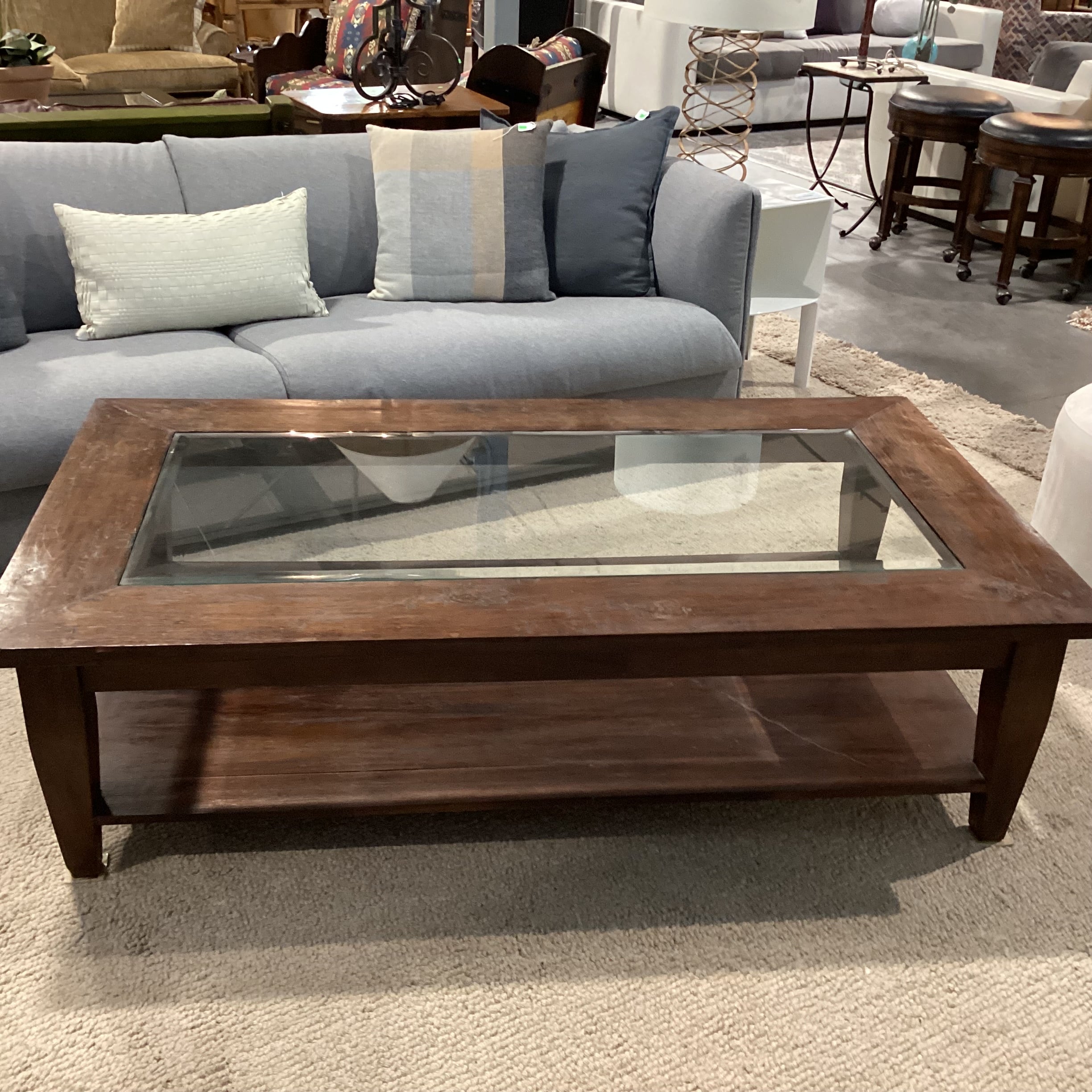Dark Distressed Solid Wood with Glass Inset Top Coffee Table 63"x 35"x 18"