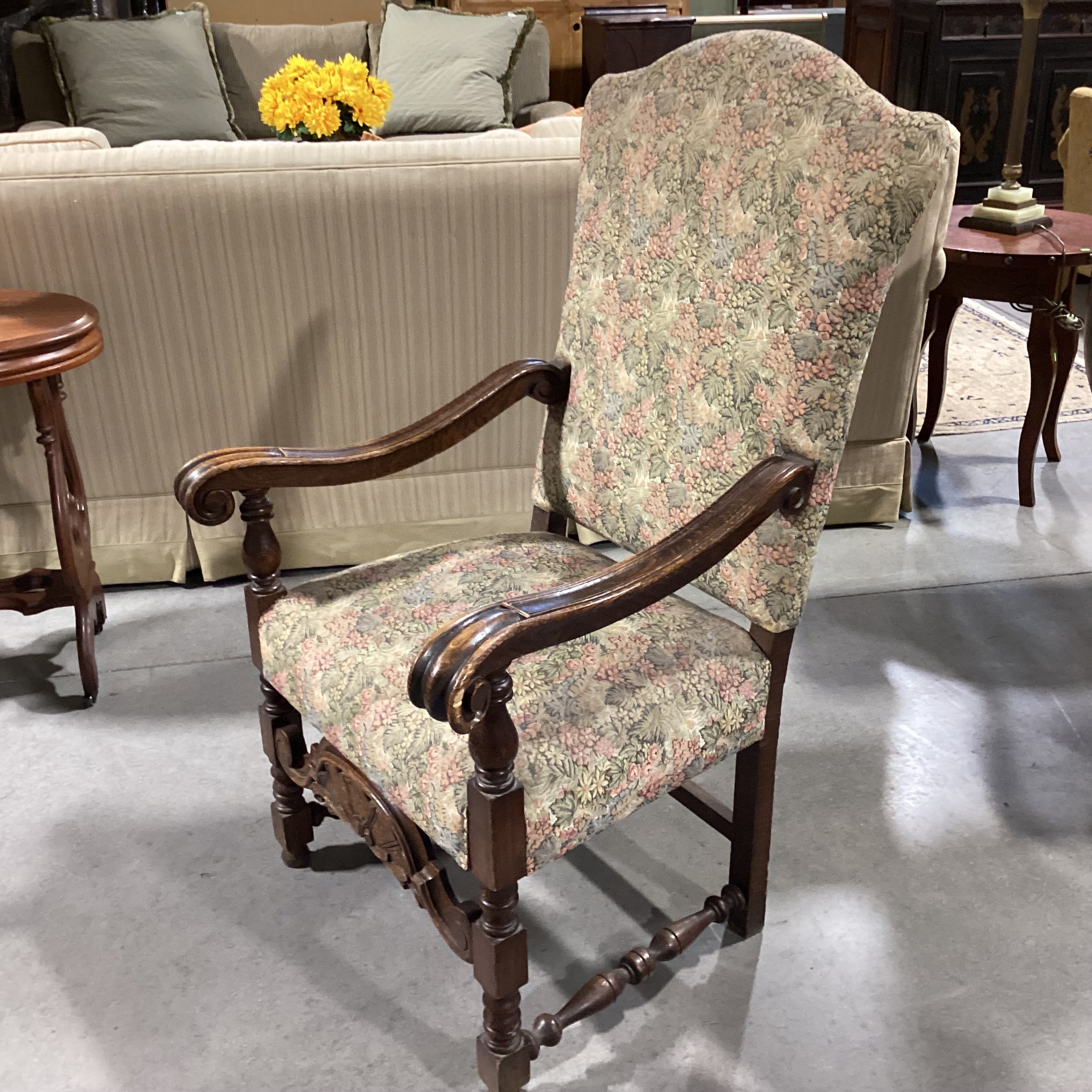 Antique Ornate Carved Oak & Sage Pink Floral Upholstered Chair 30"x 28"x 49"