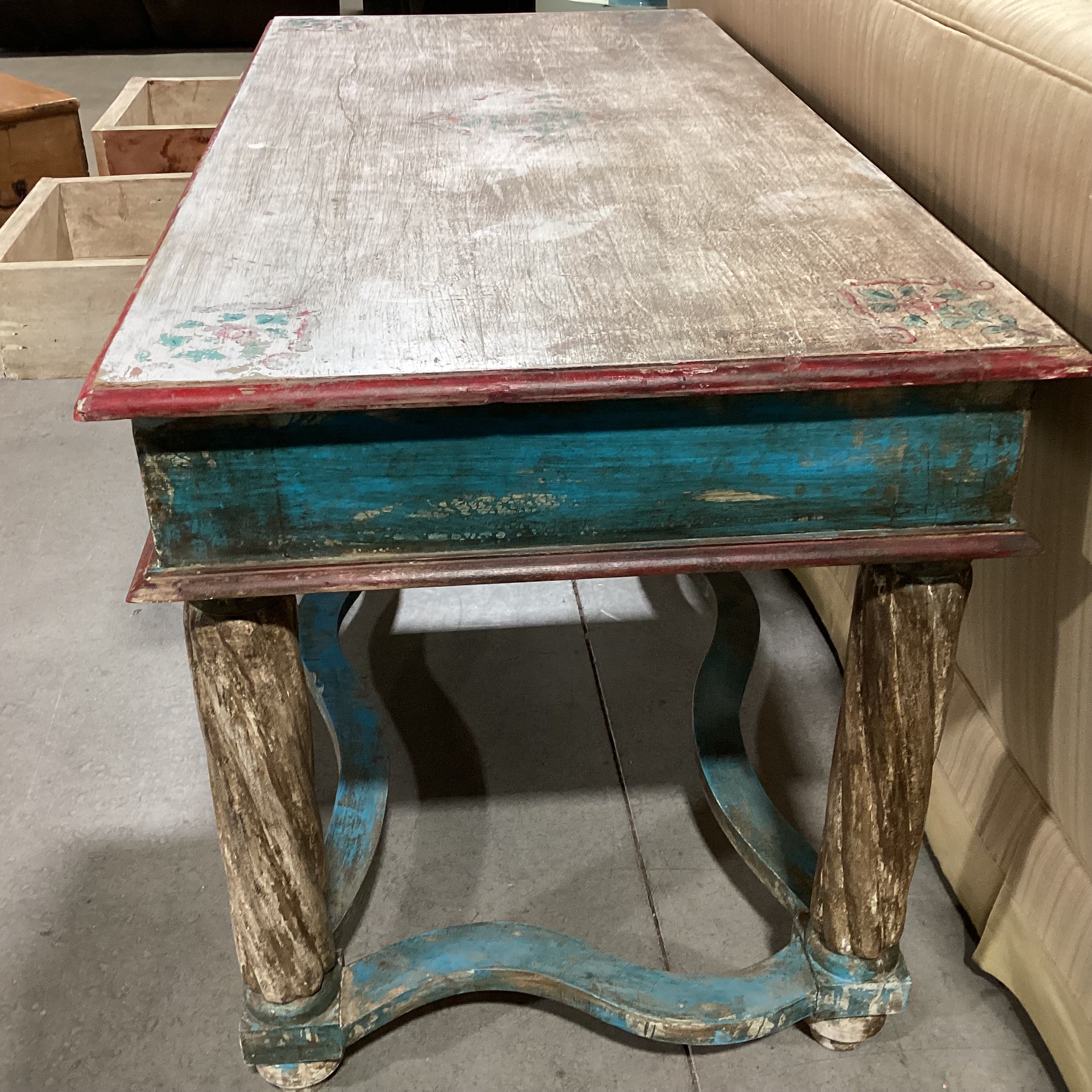 Antiqued Finish Hand Painted Blue & Red Floral Carved Wood 2 Drawer Accent Table 58.5"x 28.5"x 32"