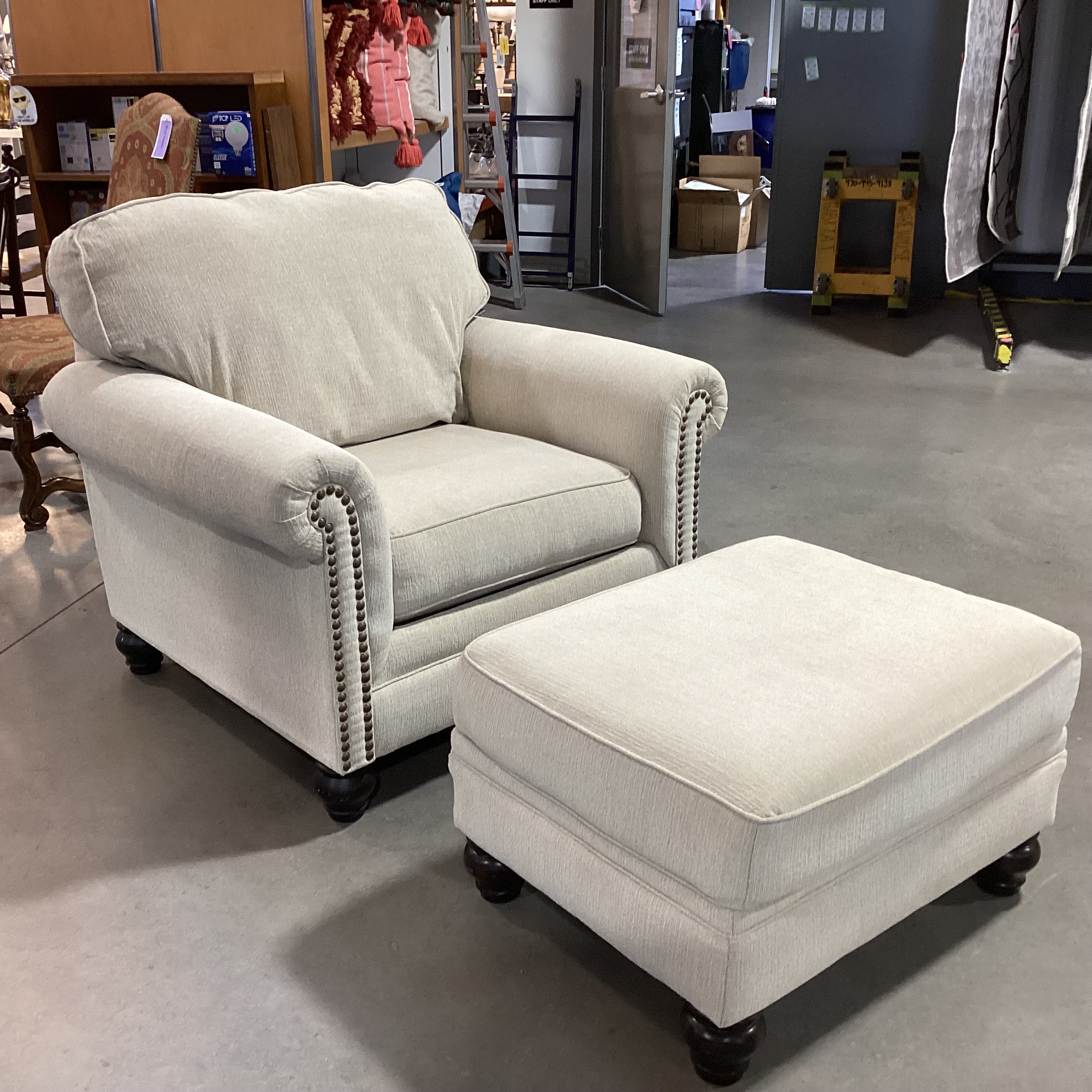 Ashley Furniture Cream Woven Nailhead with Ottoman Chair 41"x 38"x 38"