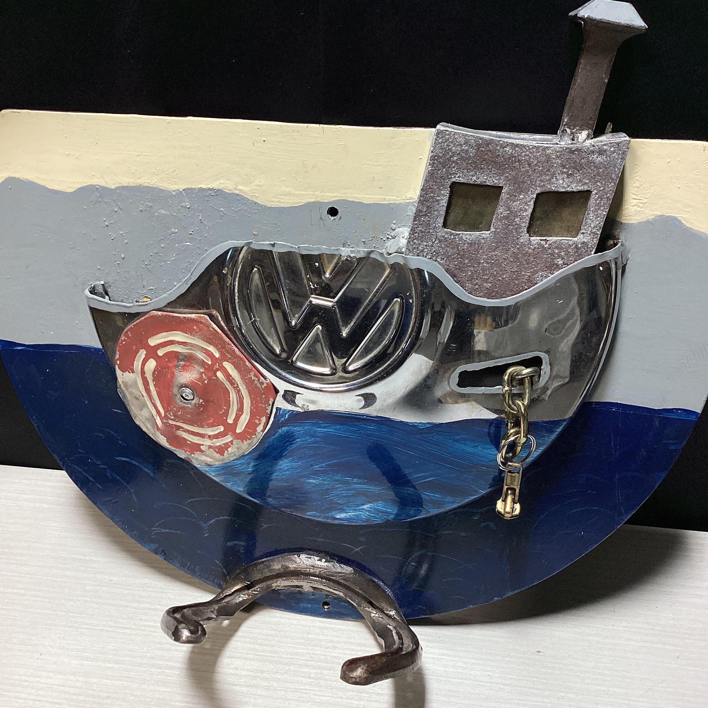 Gwendolyn Signed Handmade Mixed Media VW Fishing Boat Wall Hook 13" x 14"