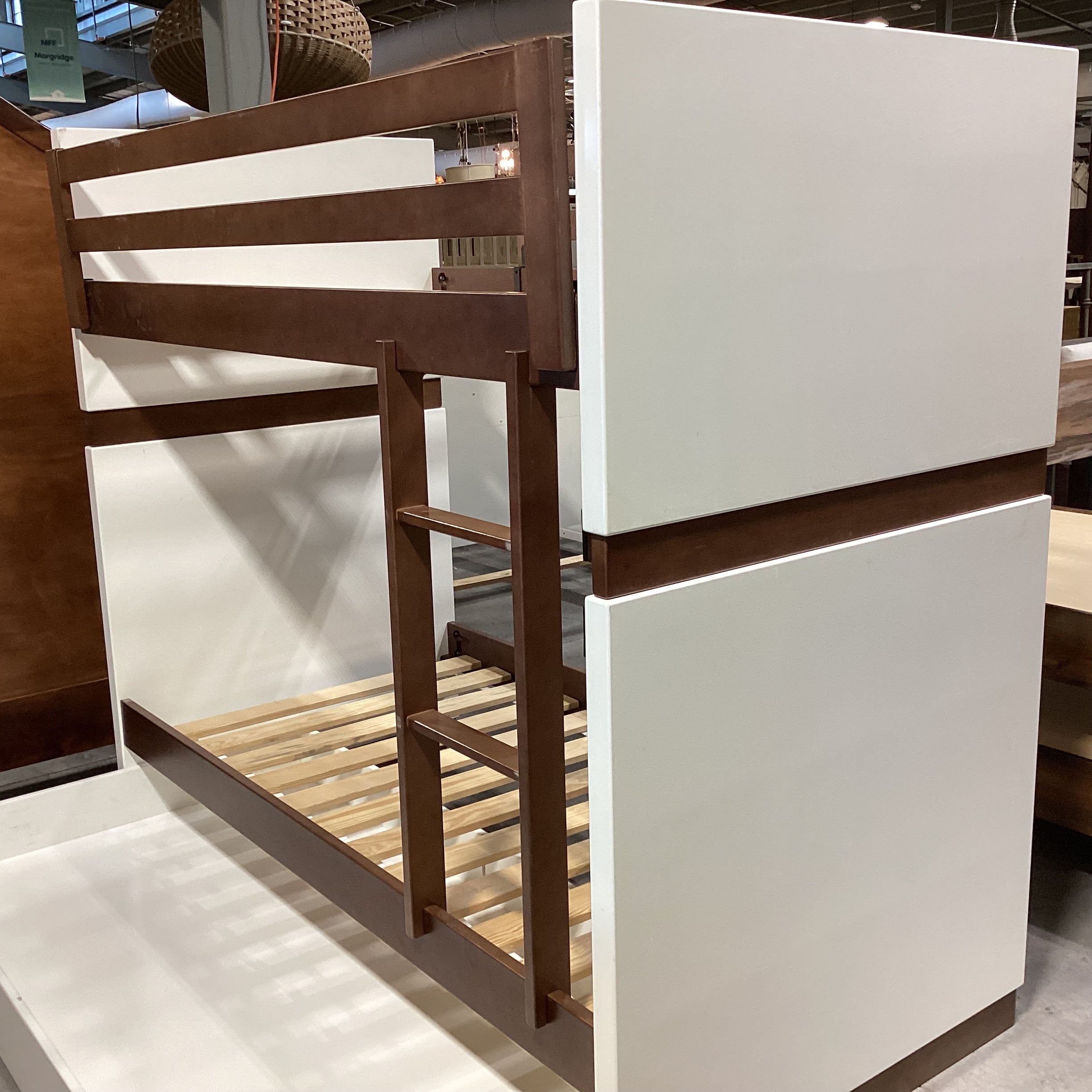 El Greco Woodworking for Room & Board White & Brown Wood Twin over Twin with Trundle Bunk Bed Set 42"x 80"x 72"