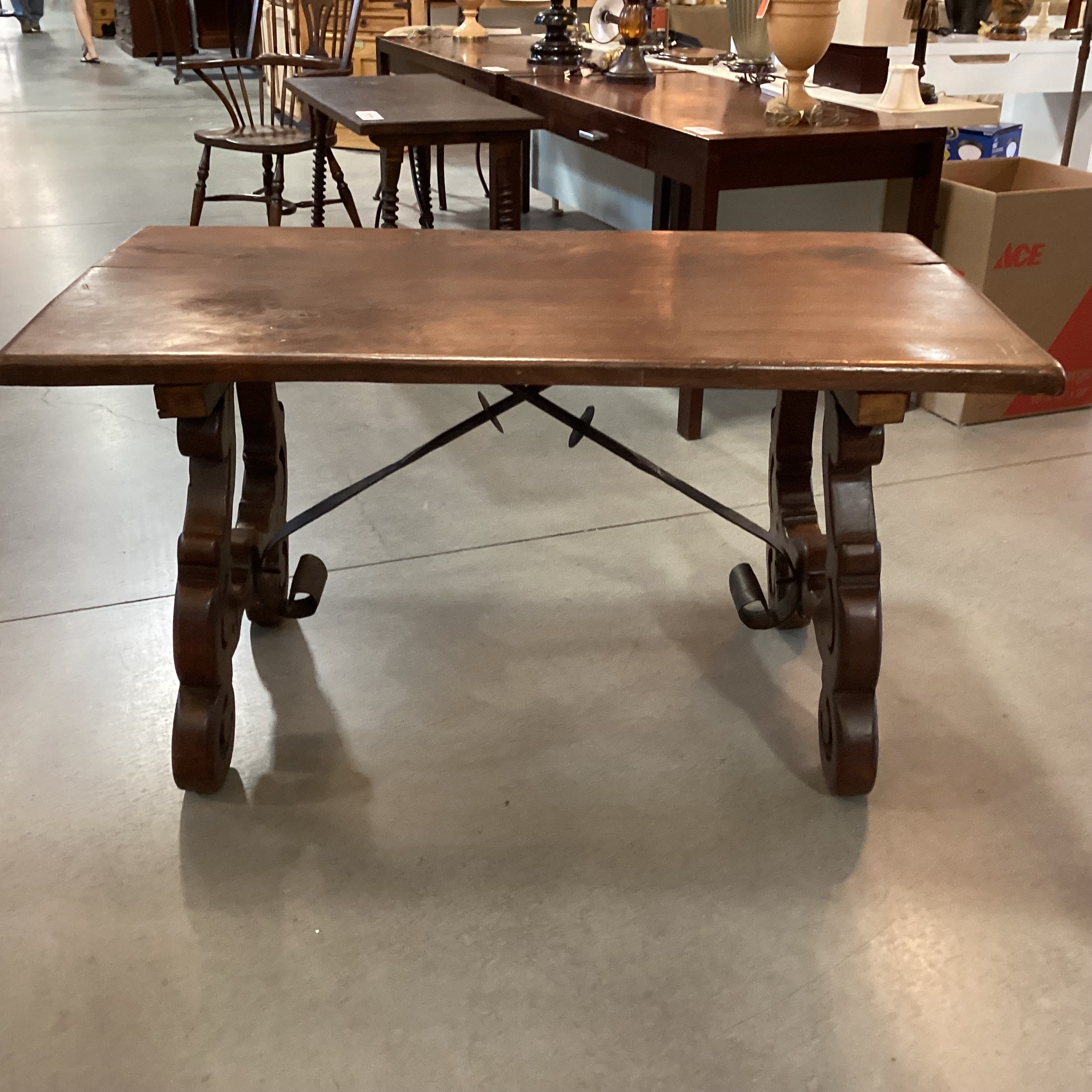 Vintage Antique Solid Wood Carved Side Legs & Iron Stetchers Trestle Accent Table 55"x 31"x 29"