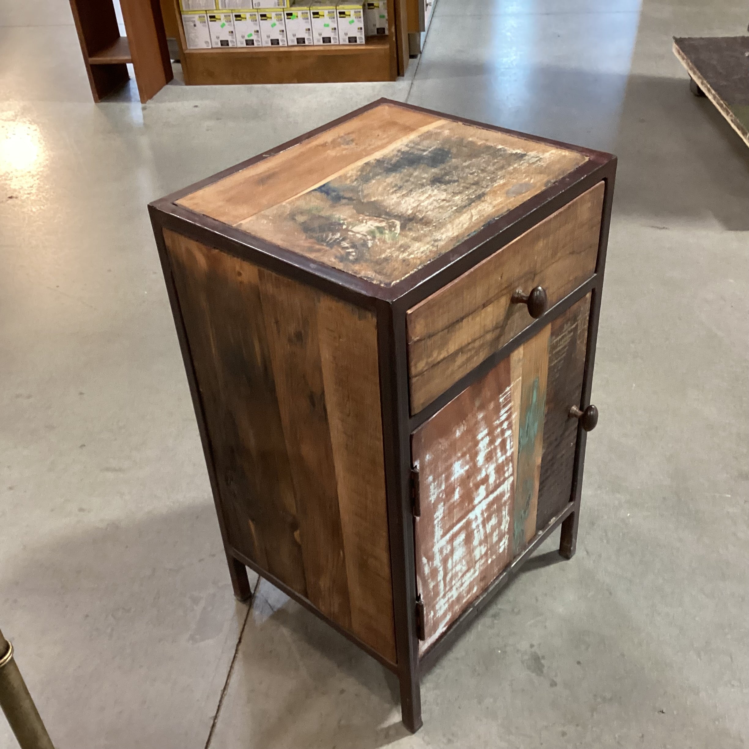 Rustic Distressed Wood & Iron 1 Drawer 1 Door End Table 16"x 14"x 26"