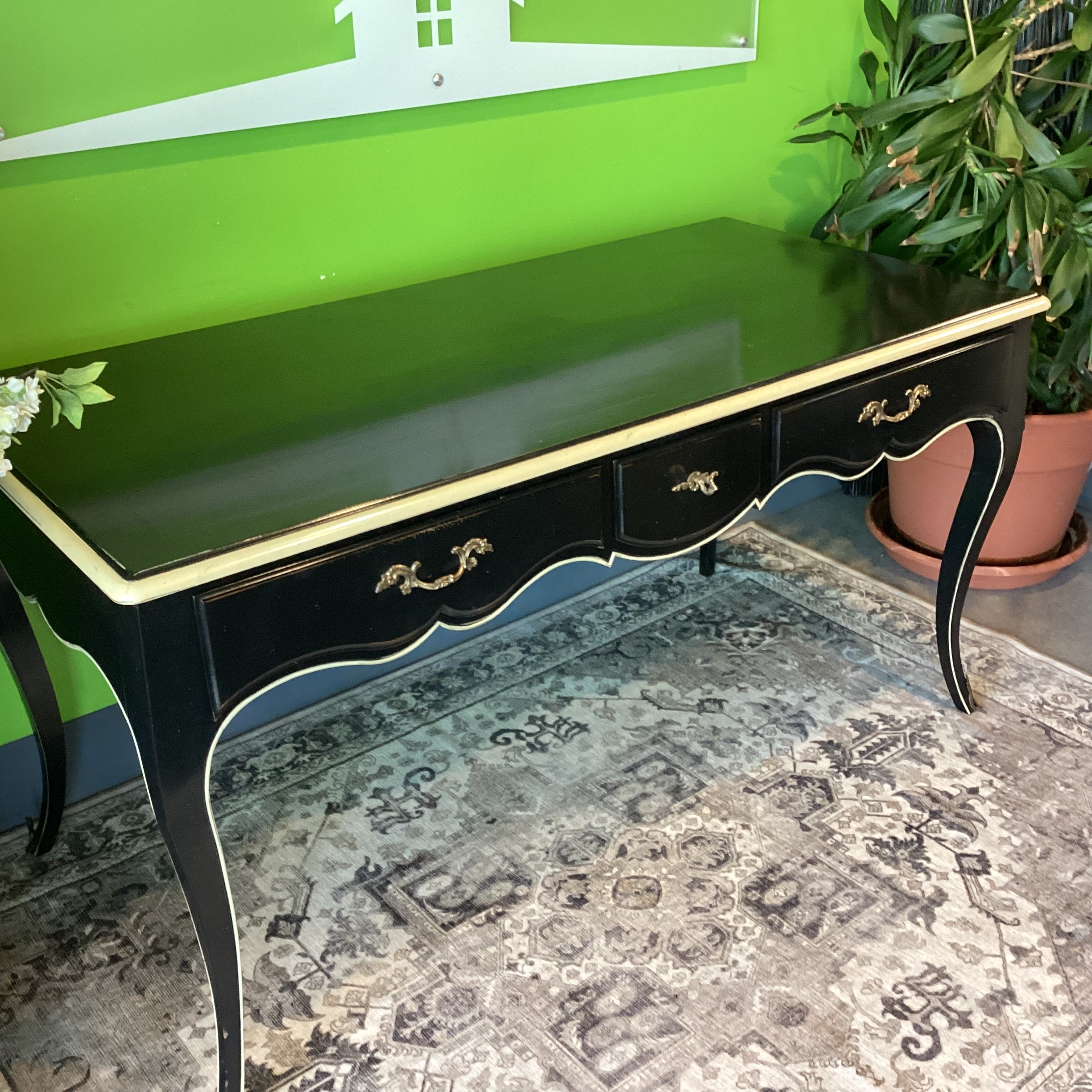 Vintage French Louis XV Style Black with Cream Detail & Brass Accent 3 Drawer Back Faux Front Desk 62"x 30"x 32"