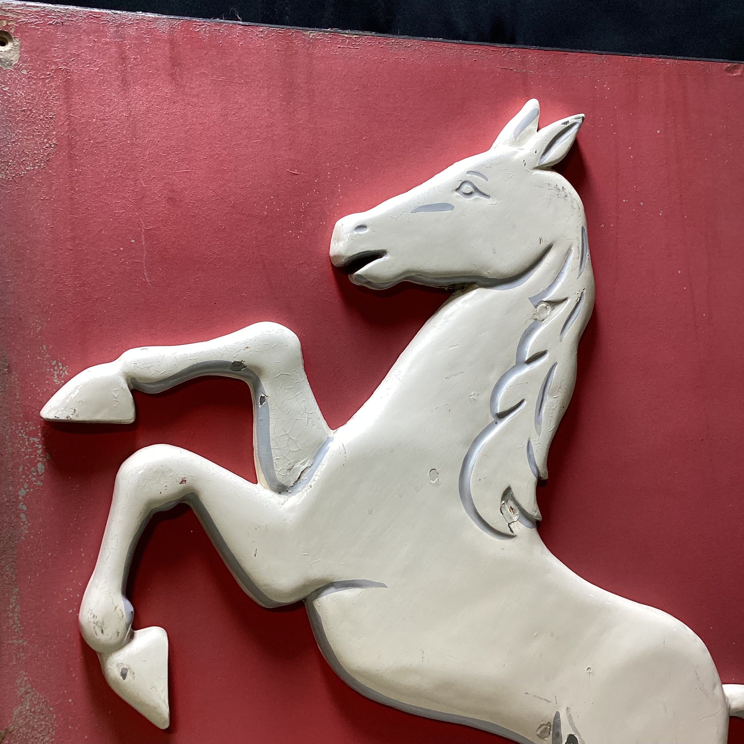 Vintage "White Horse" Wooden Sign With Enamel Horse 27" x 41"