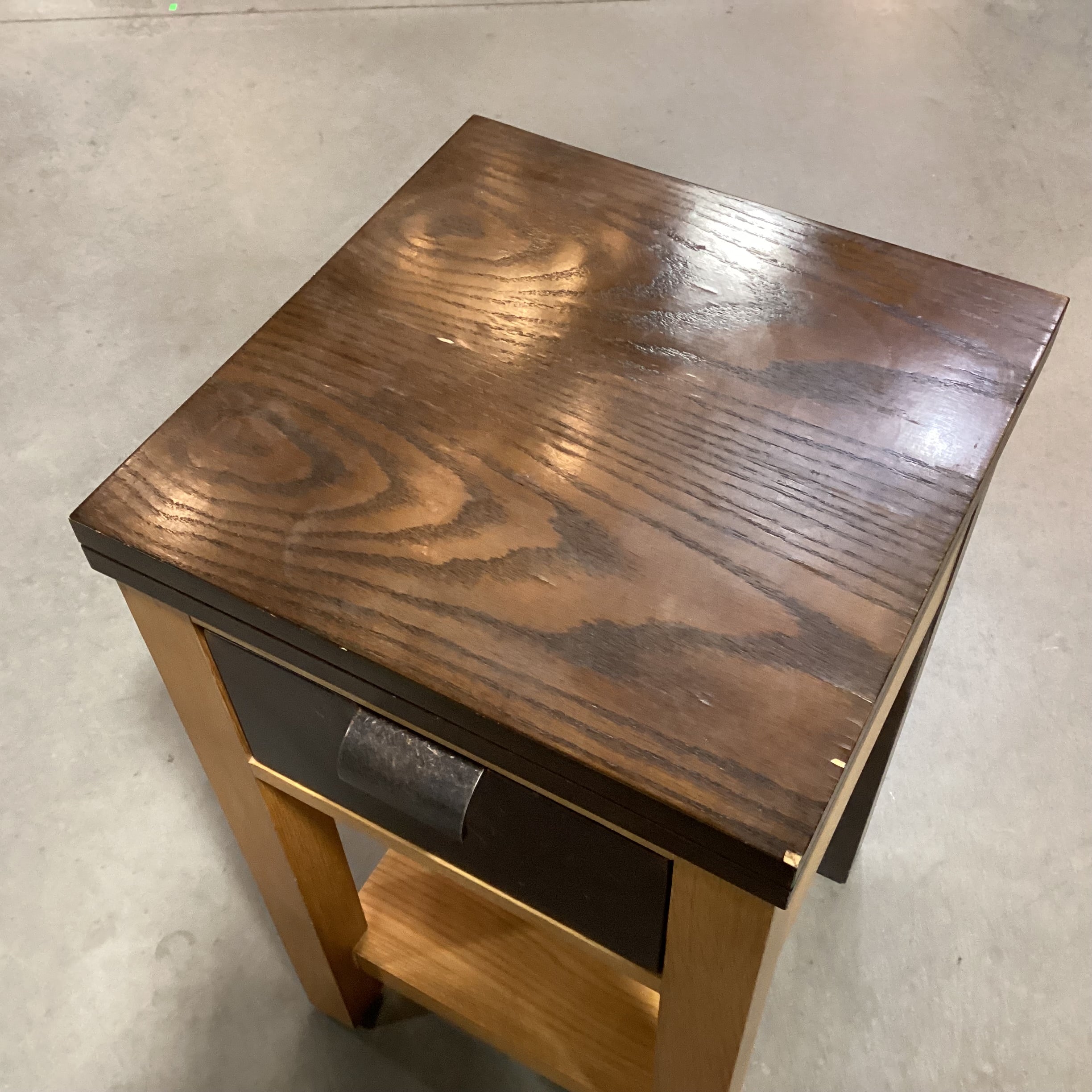 Mark David Dark 2 Tone Wood & Veneer with Leather Drawer End Table 16"x 16"x 28"