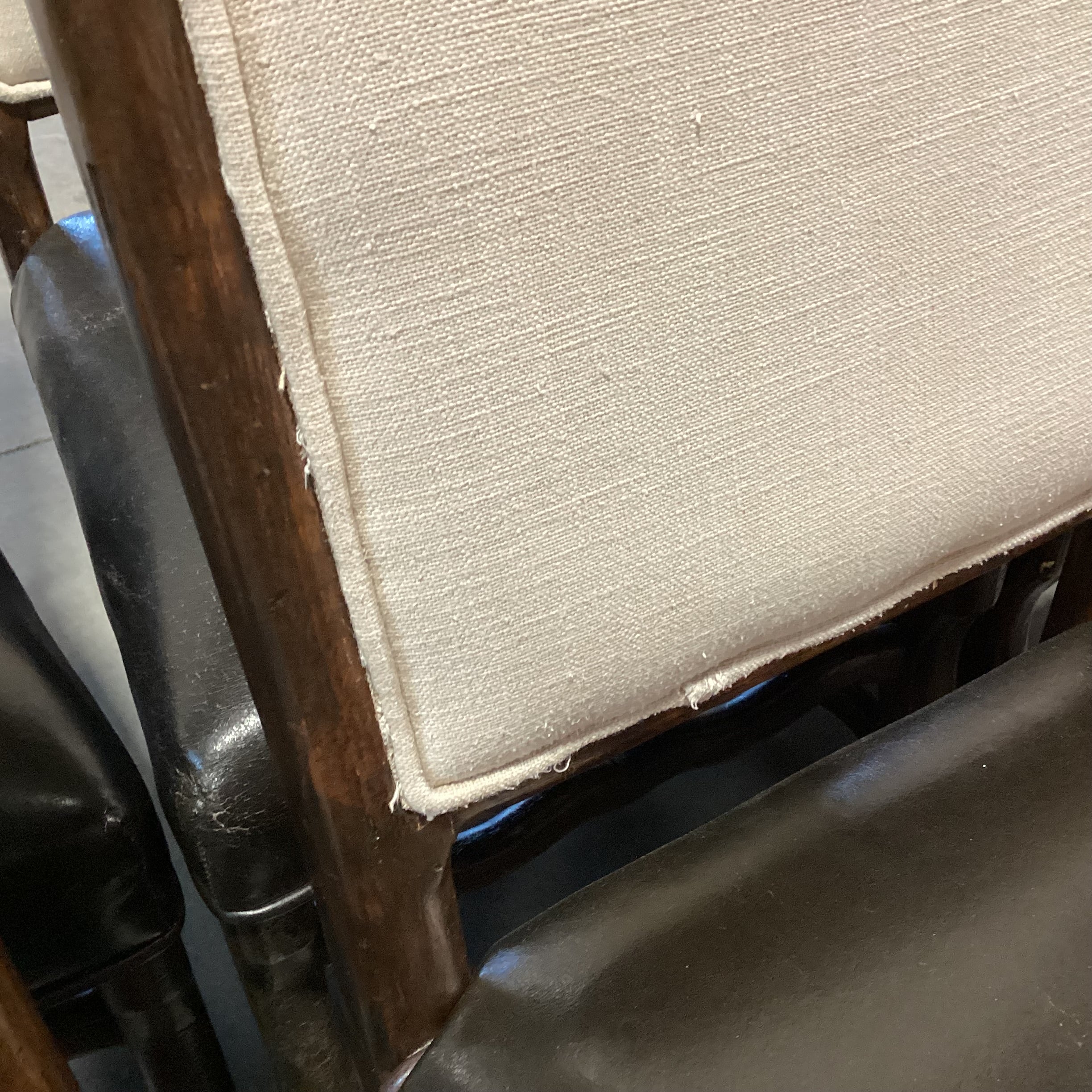 SET of 6 Carved Wood Leather & Linen Dining Chairs 21"x 22"x 49"
