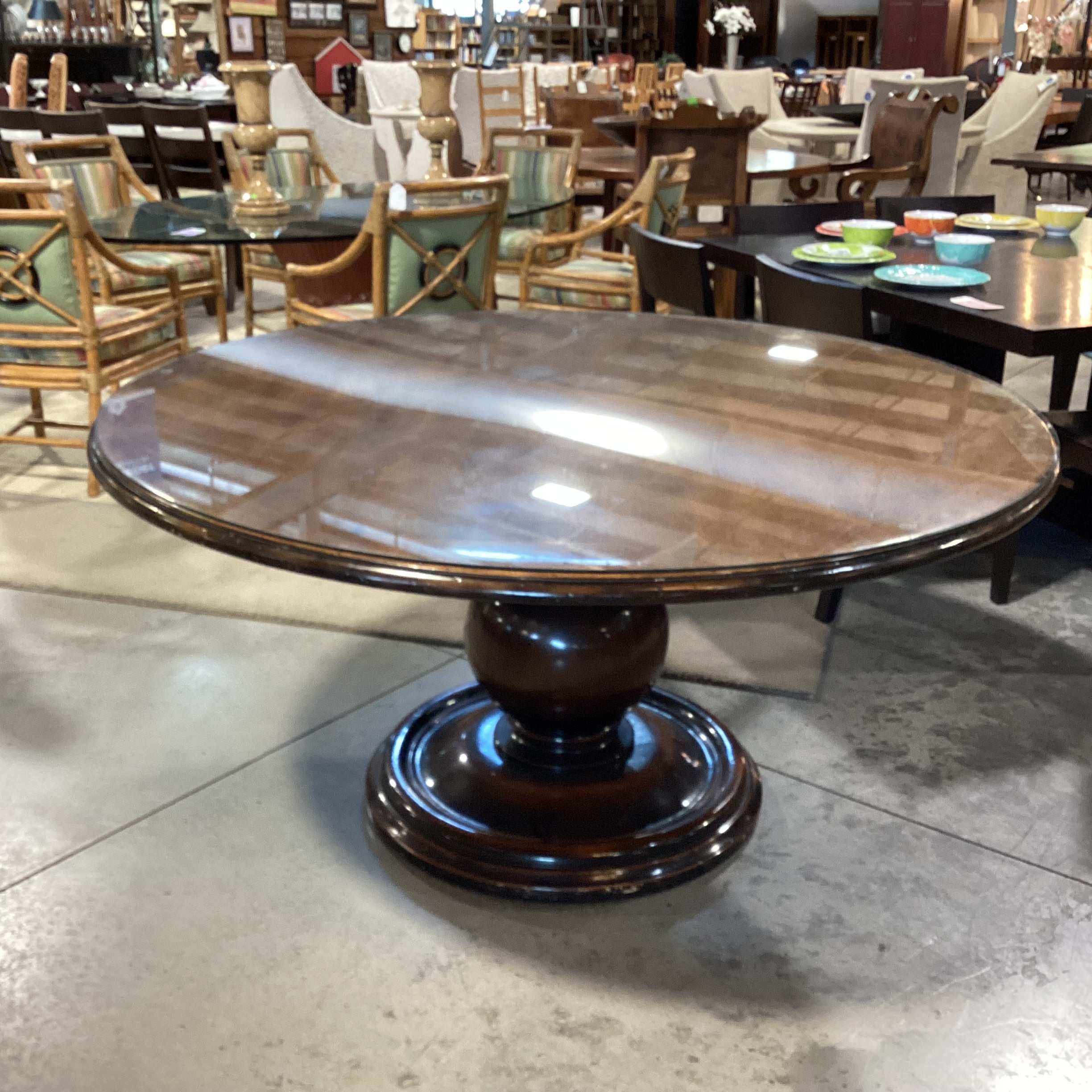 Carved Distressed Finish with Ornate Pedestal & Glass Top Round Dining Table 60" Diameter x 30"