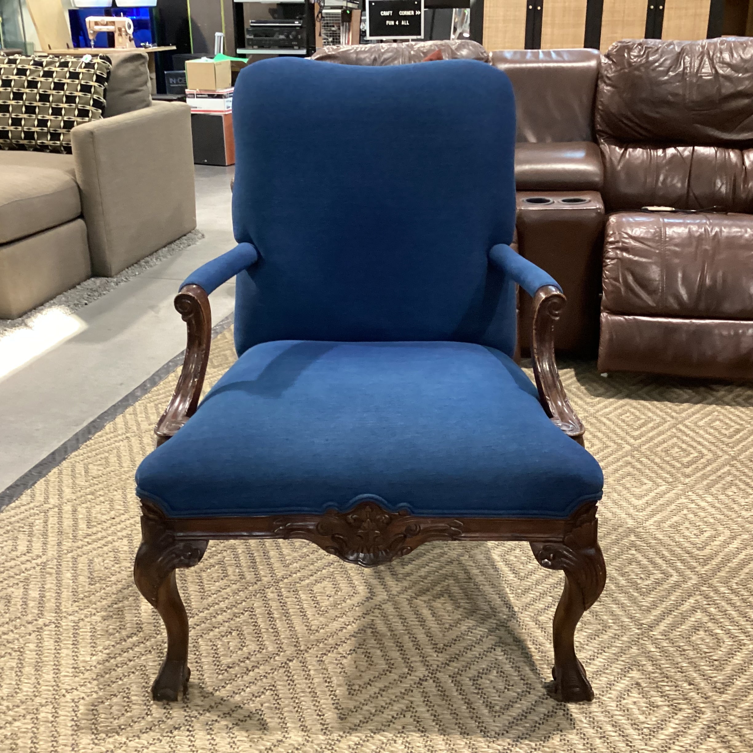 Antique Carved Wood Claw & Ball Foot & Denim Upholstered Chair 29"x 32"x 38"