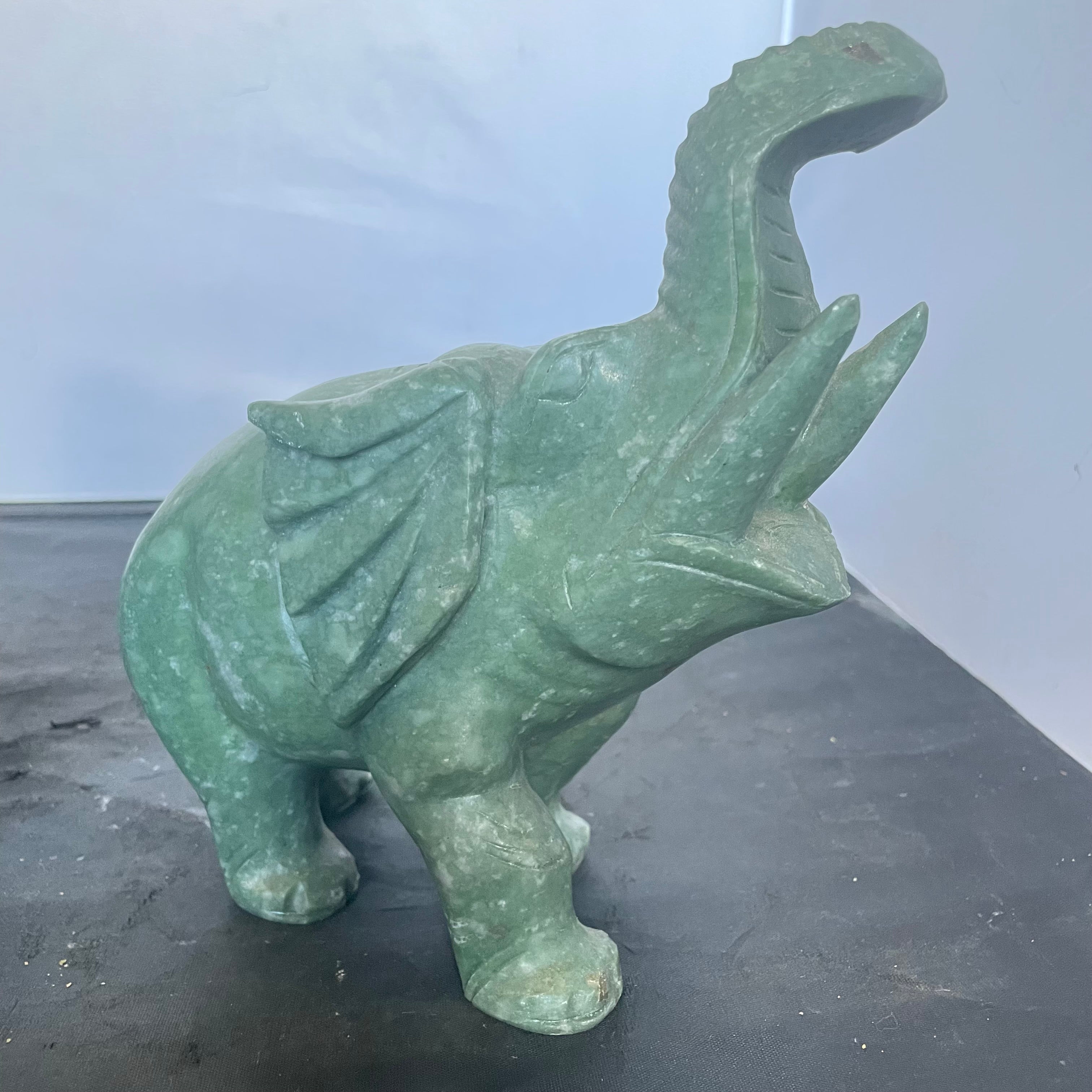 Hand Carved Spinach Jade or Verdite Elephant Figurines, Pair