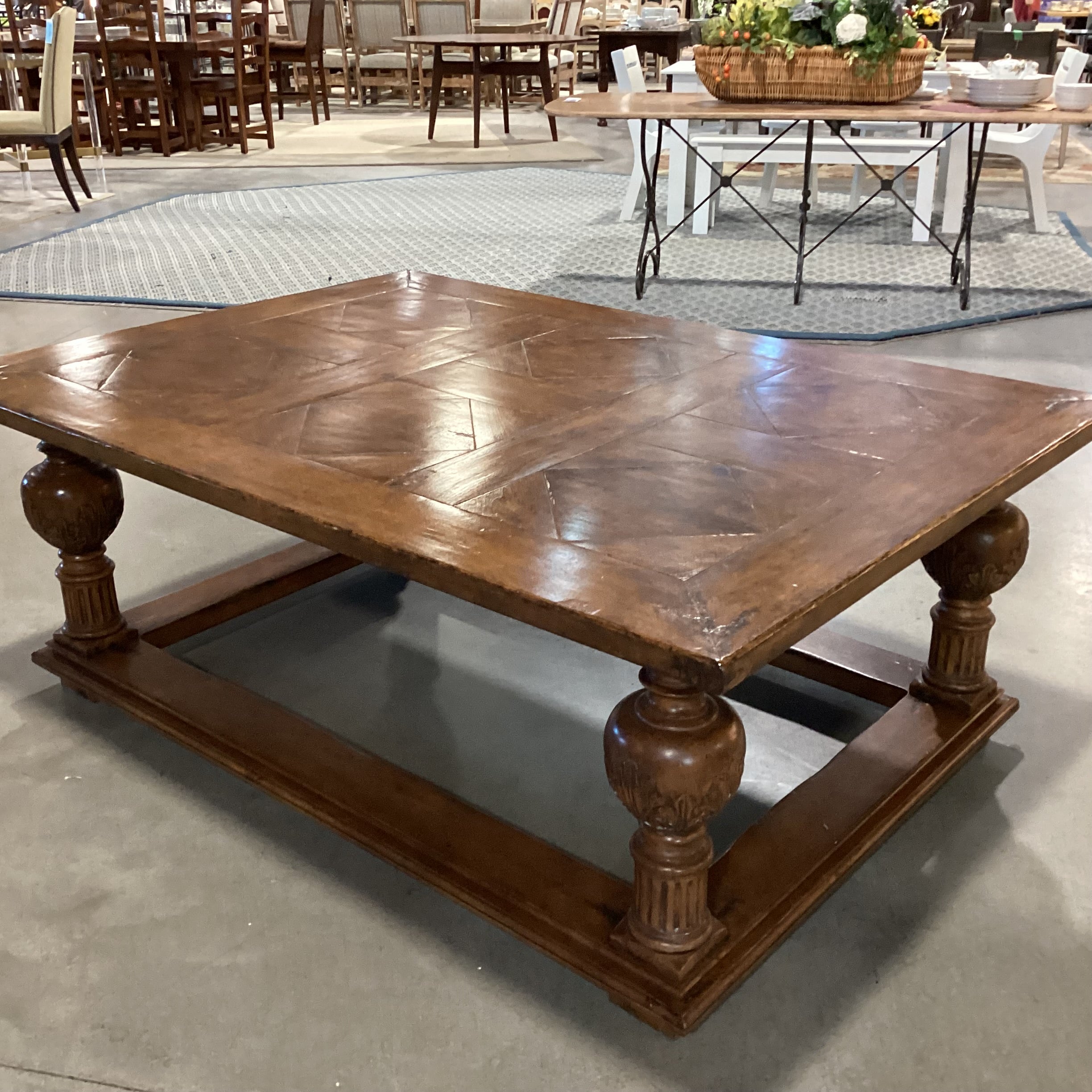 Solid Distressed Finish Wood with Ornate Carved Legs & Top Diamond Detail Coffee Table 63"x 45"x 24"