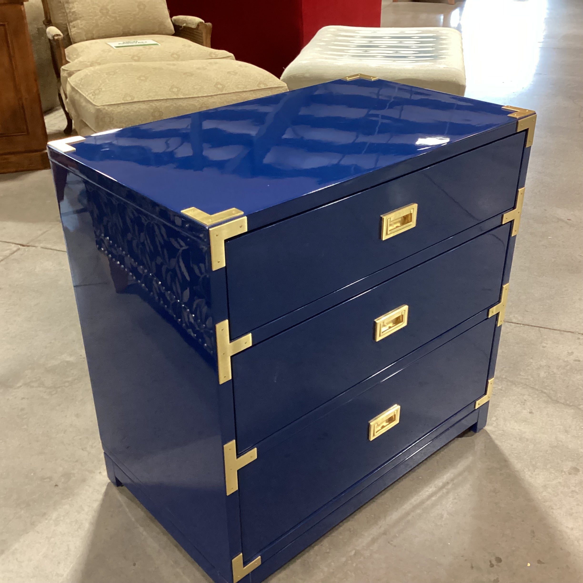 Navy Lacquer & Brass Campaign 3 Drawer Chest 30"x 18.5"x 30.5"