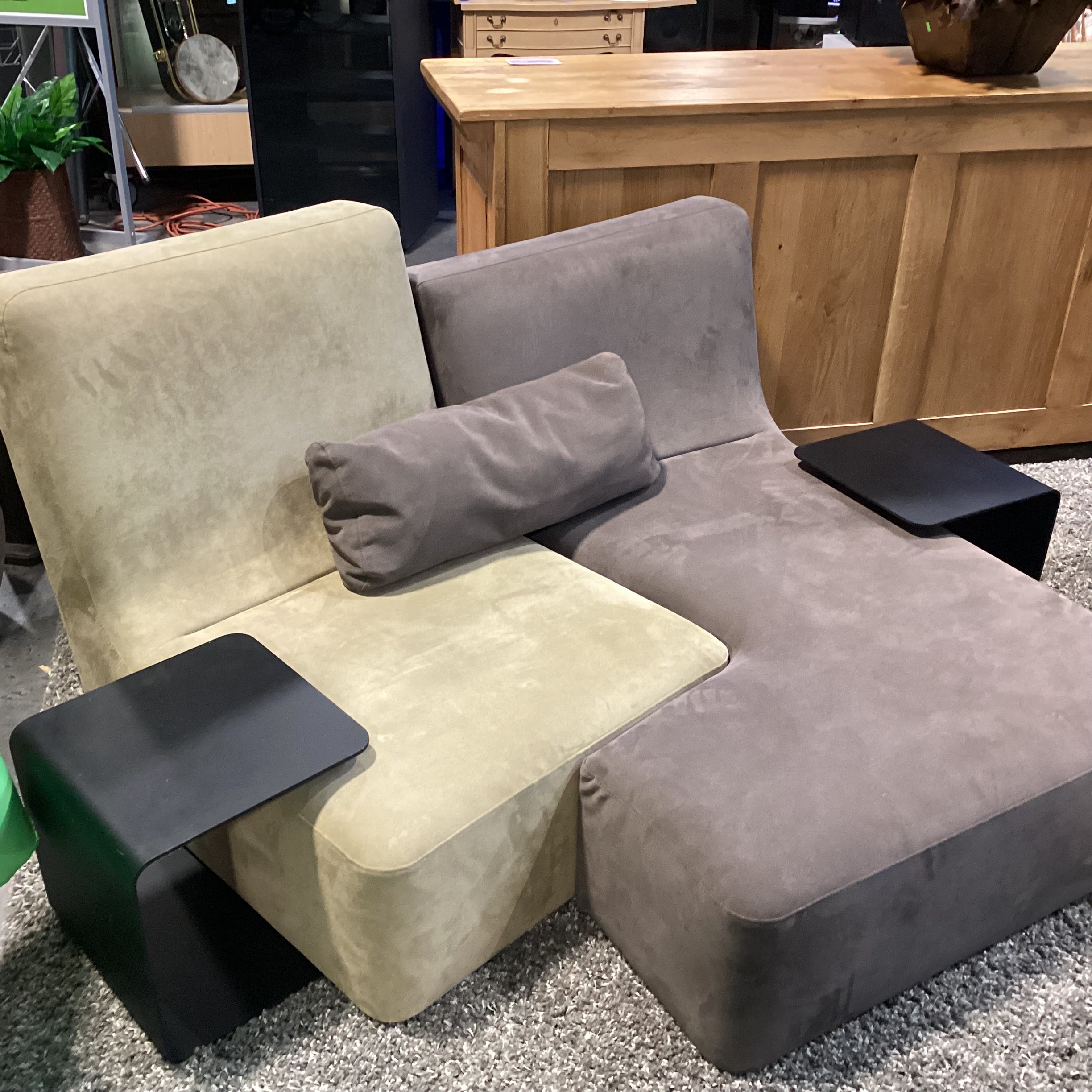 Liqne Roset Confluences by Philippe Nigro Brown & Tan Ultra Suede with 2 Black Iron Side Tables Modular Sectional 59"x 55"x 33"