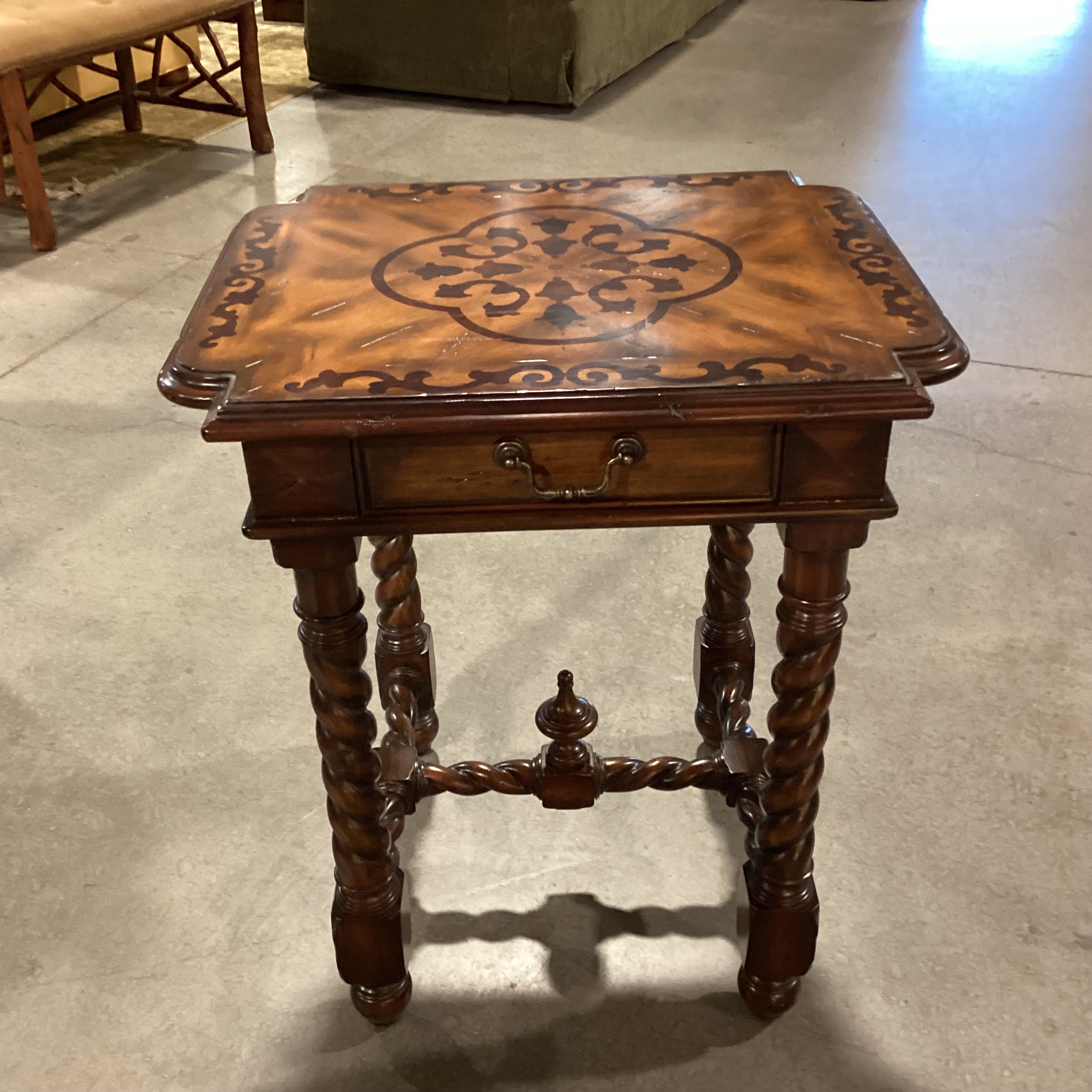 Maitland Smith Ornate Carved Spiral Leg & Trestle with Inlay & Drawer Accent Table 24.5x 20.5x 28.5"