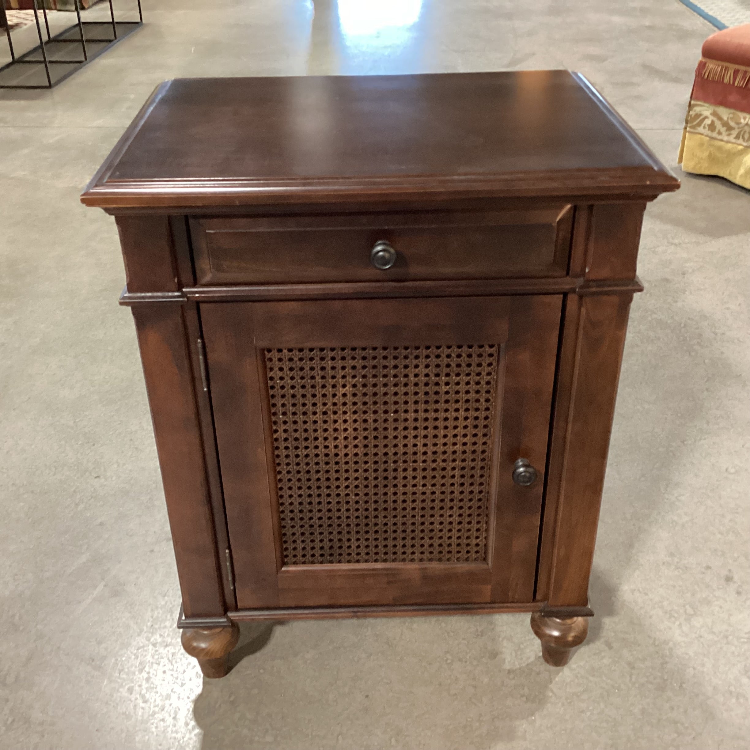 Michaels Furniture for Restoration Hardware Dark Finish Carved Wood 1 Caned Door 1 Drawer Nightstand 24.5"x 18"x 31"