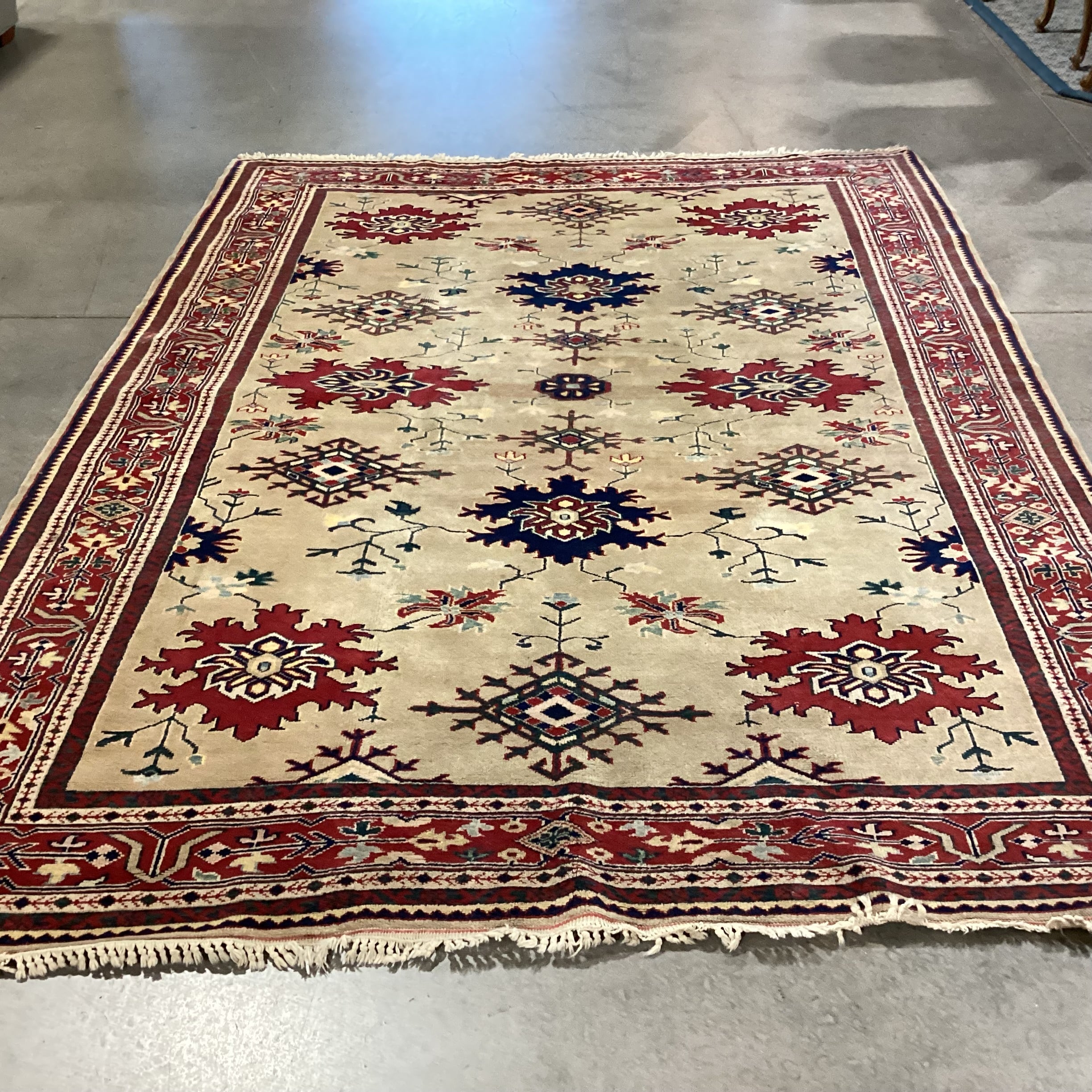 Vintage Beige Tan Red Navy Hand Woven Wool Rug 6'7" x 9'